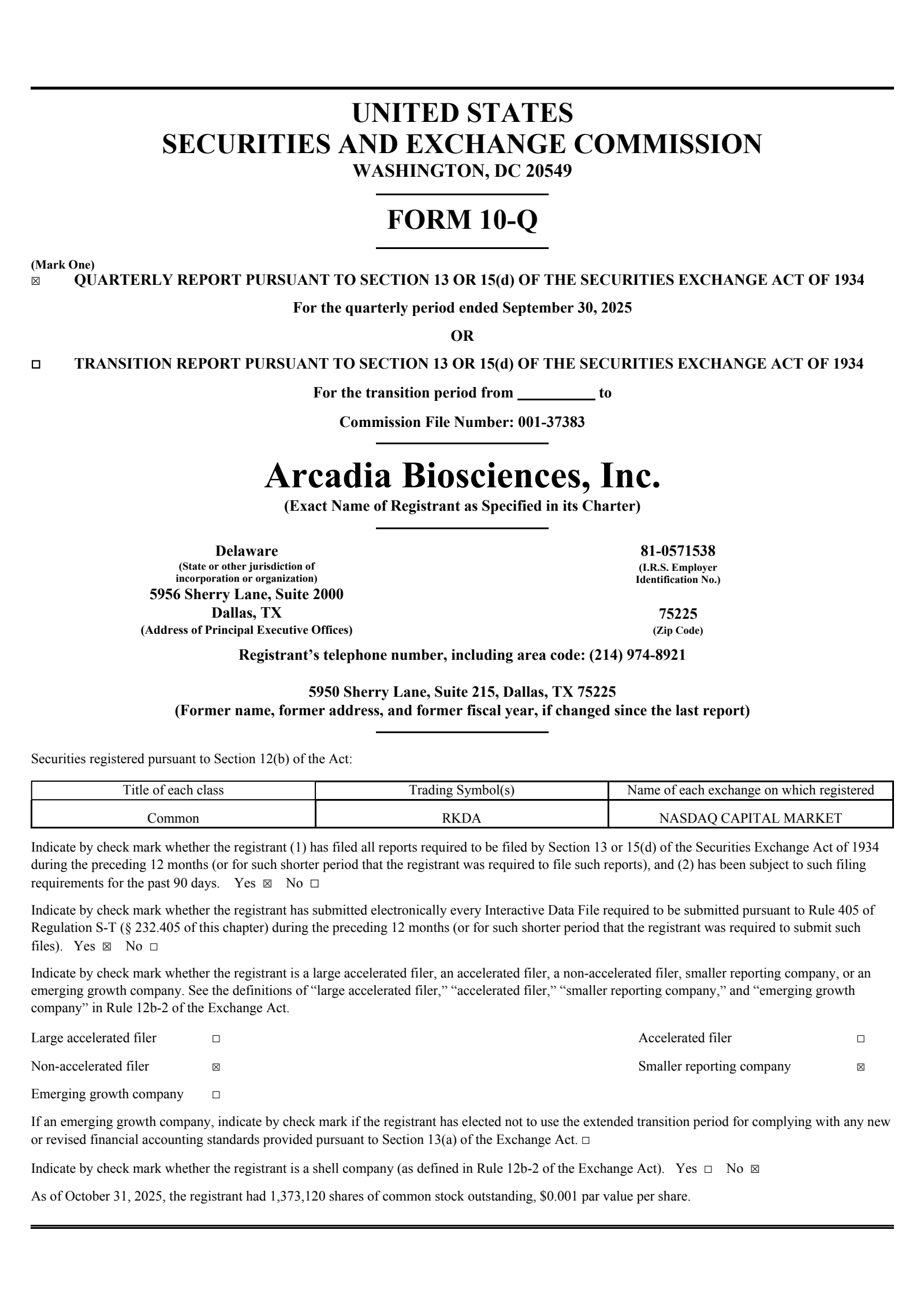 Arcadia Biosciences' Q3 2025 Quarterly Report