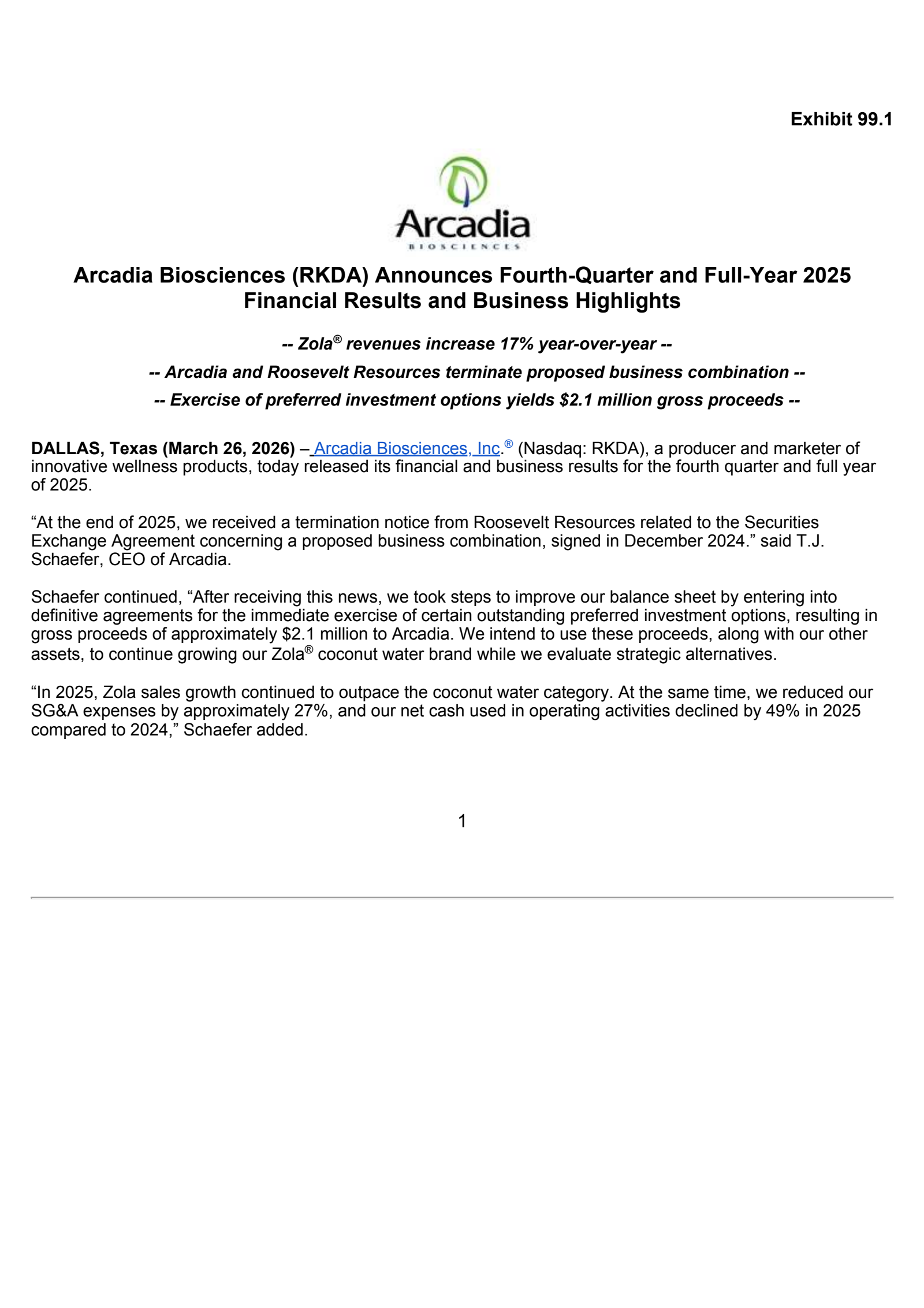 Arcadia Biosciences' Q4 2025 Press Release