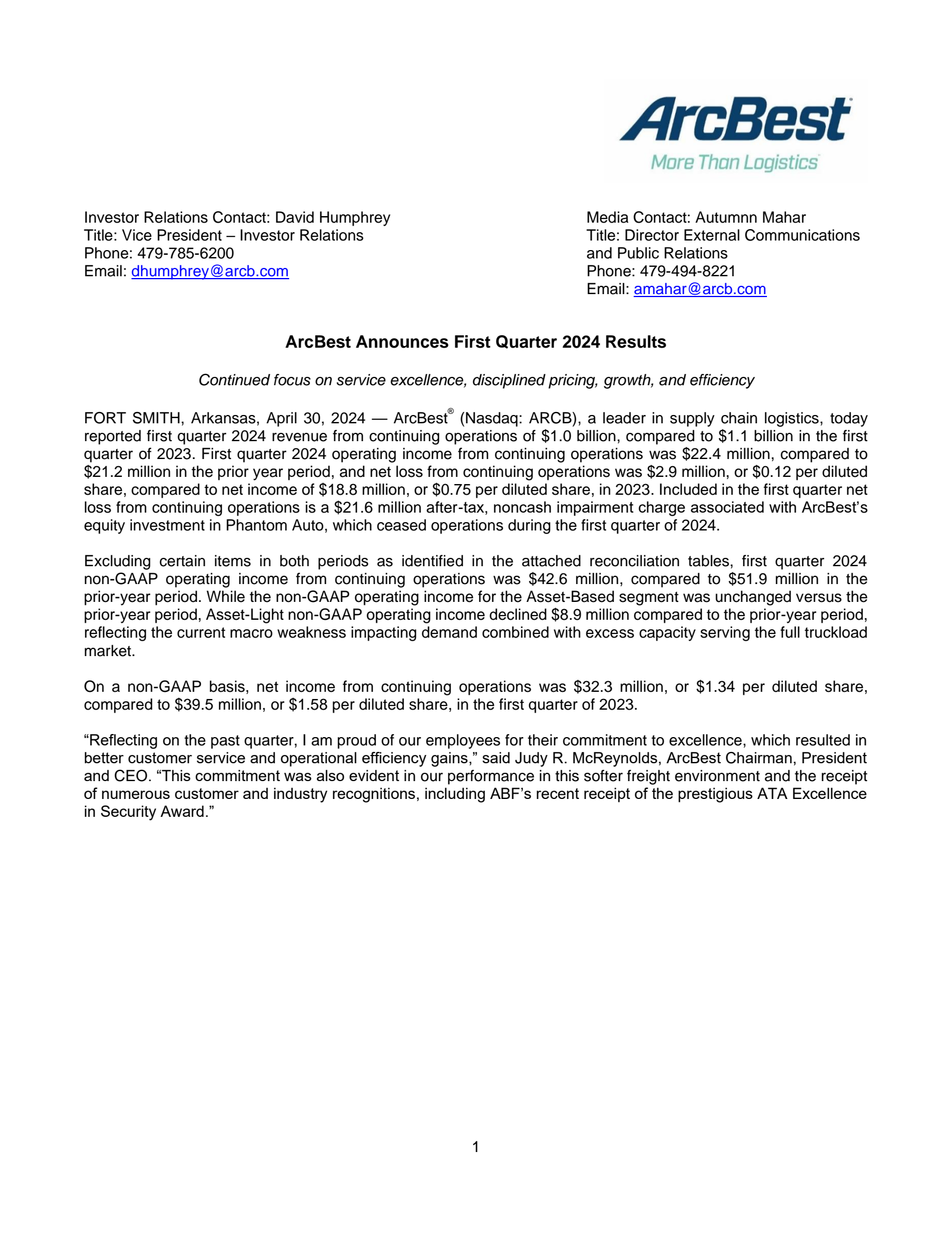 ArcBest's Q1 2024 Press Release