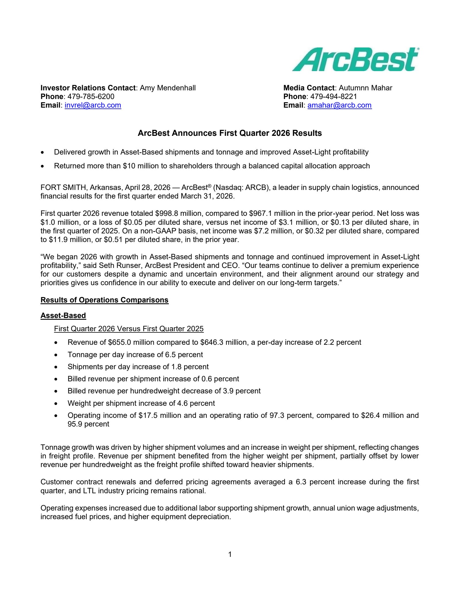 ArcBest's Q1 2026 Press Release