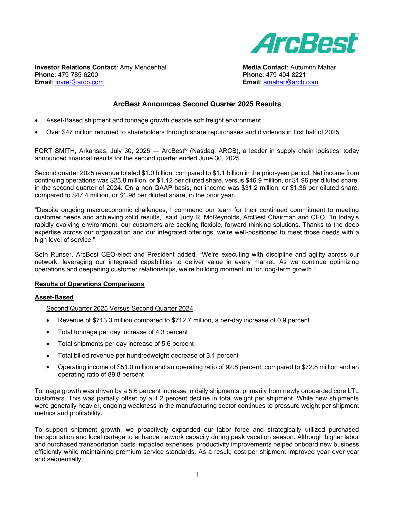 ArcBest's Q2 2025 Press Release