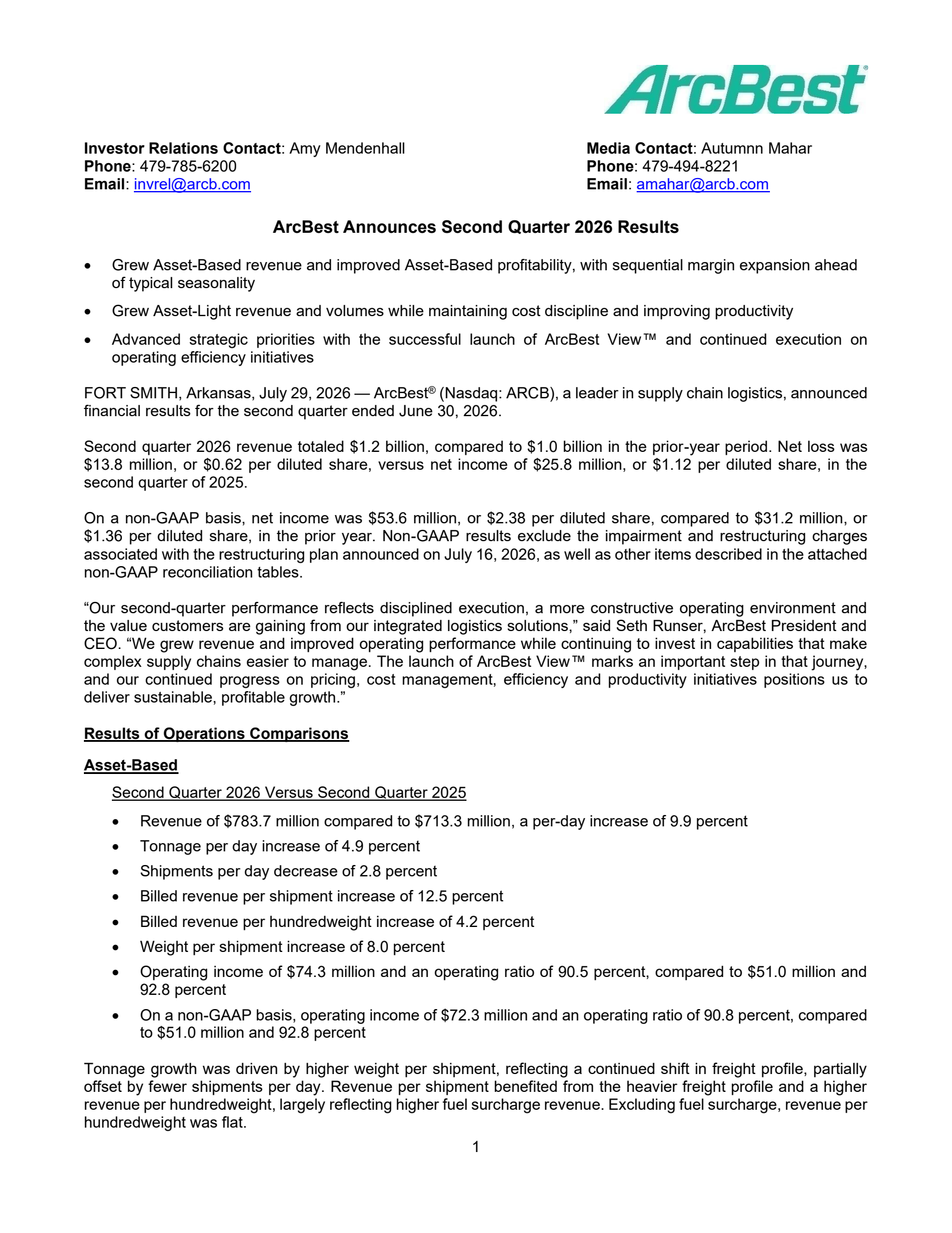 ArcBest's Q2 2026 Press Release