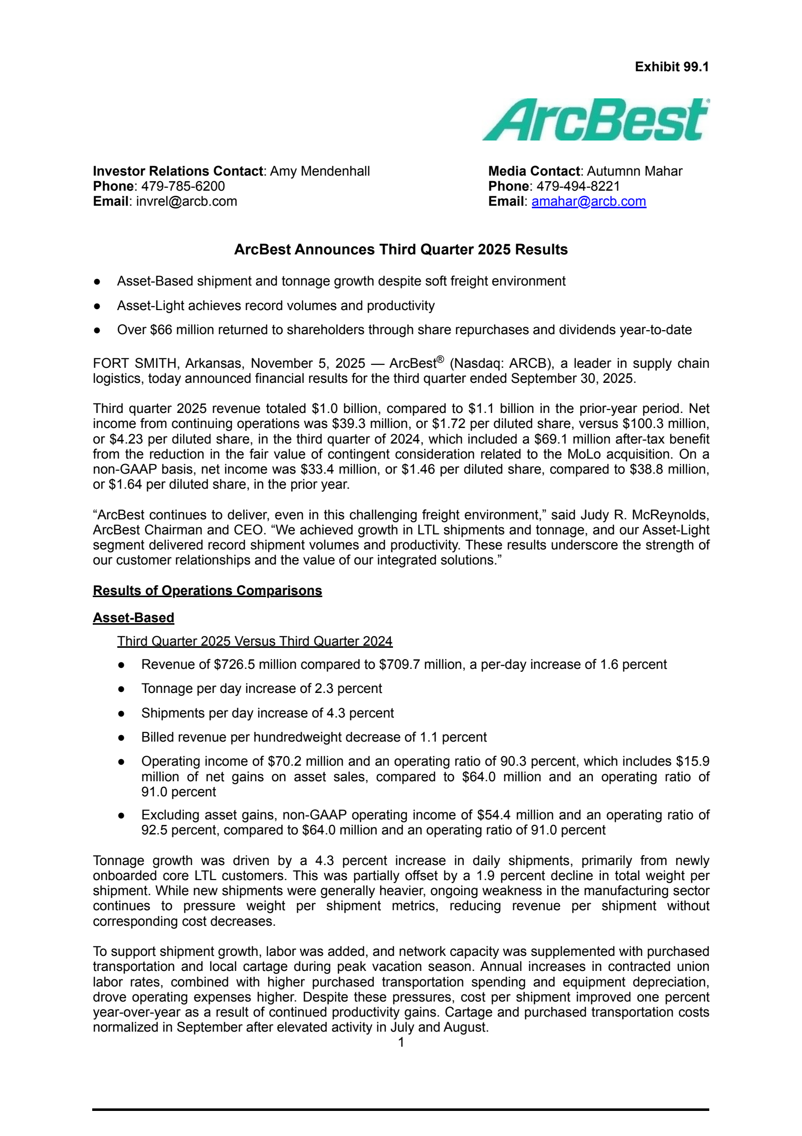 ArcBest's Q3 2025 Earnings Release