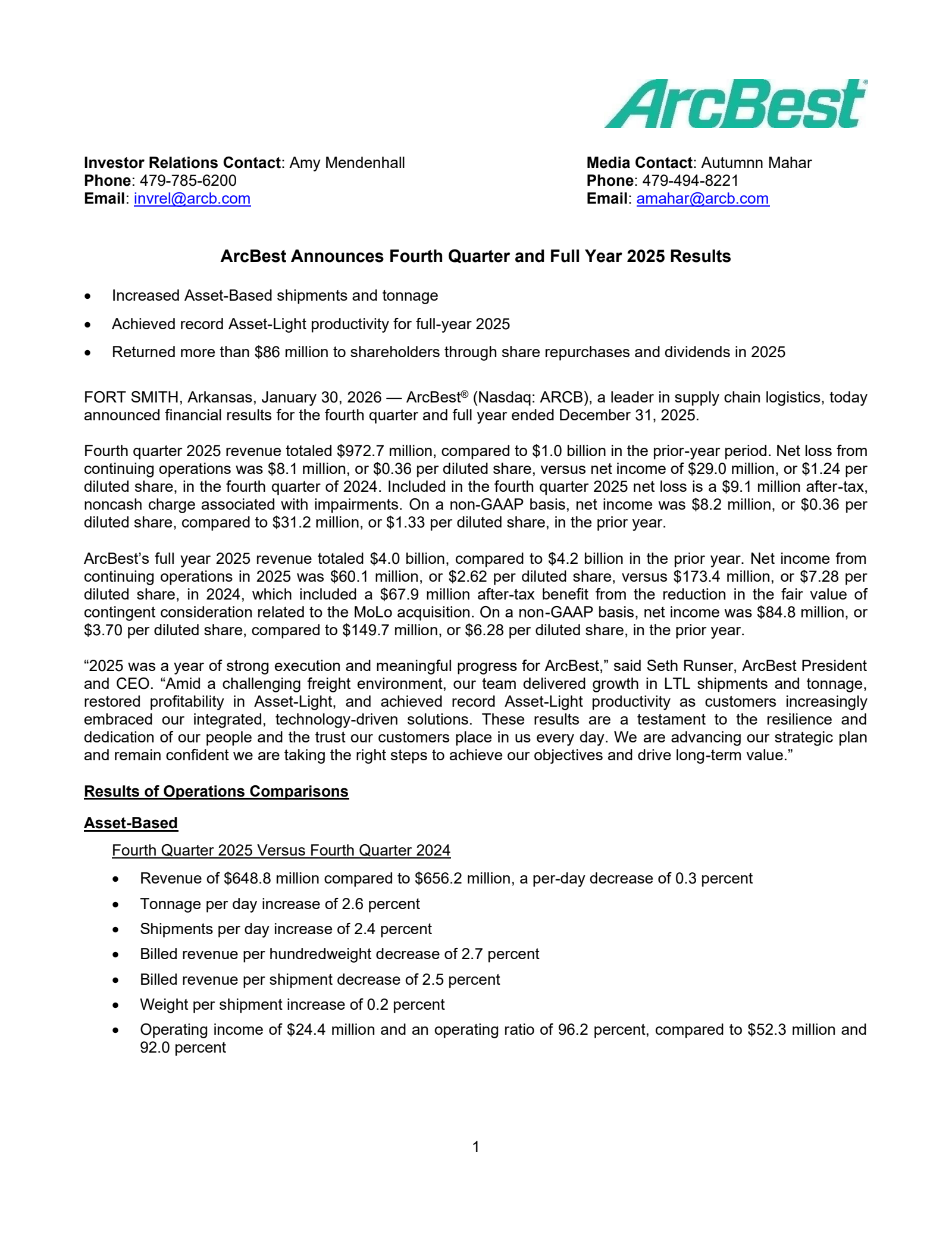 ArcBest's Q4 2025 Press Release