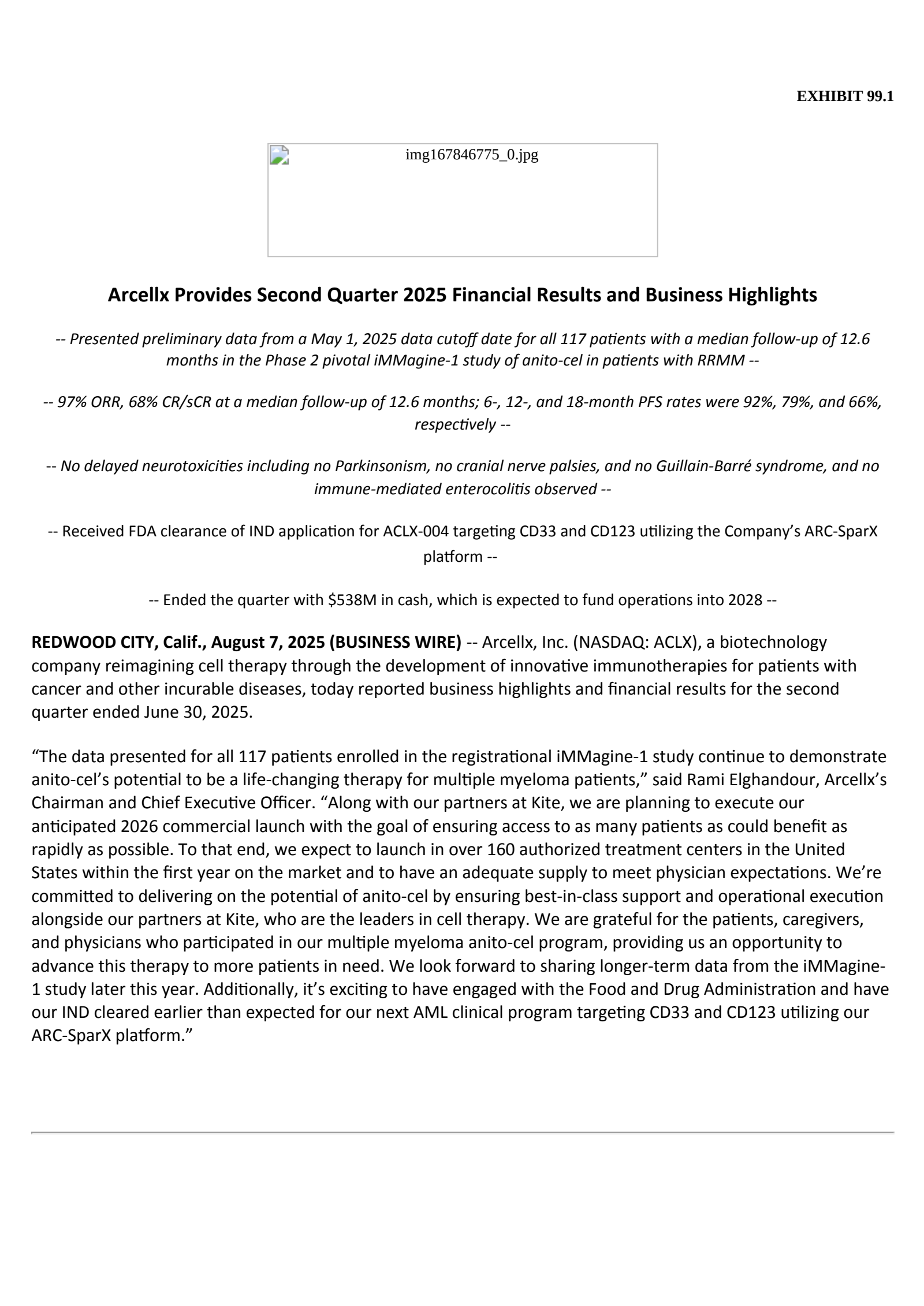 Arcellx's Q2 2025 Press Release
