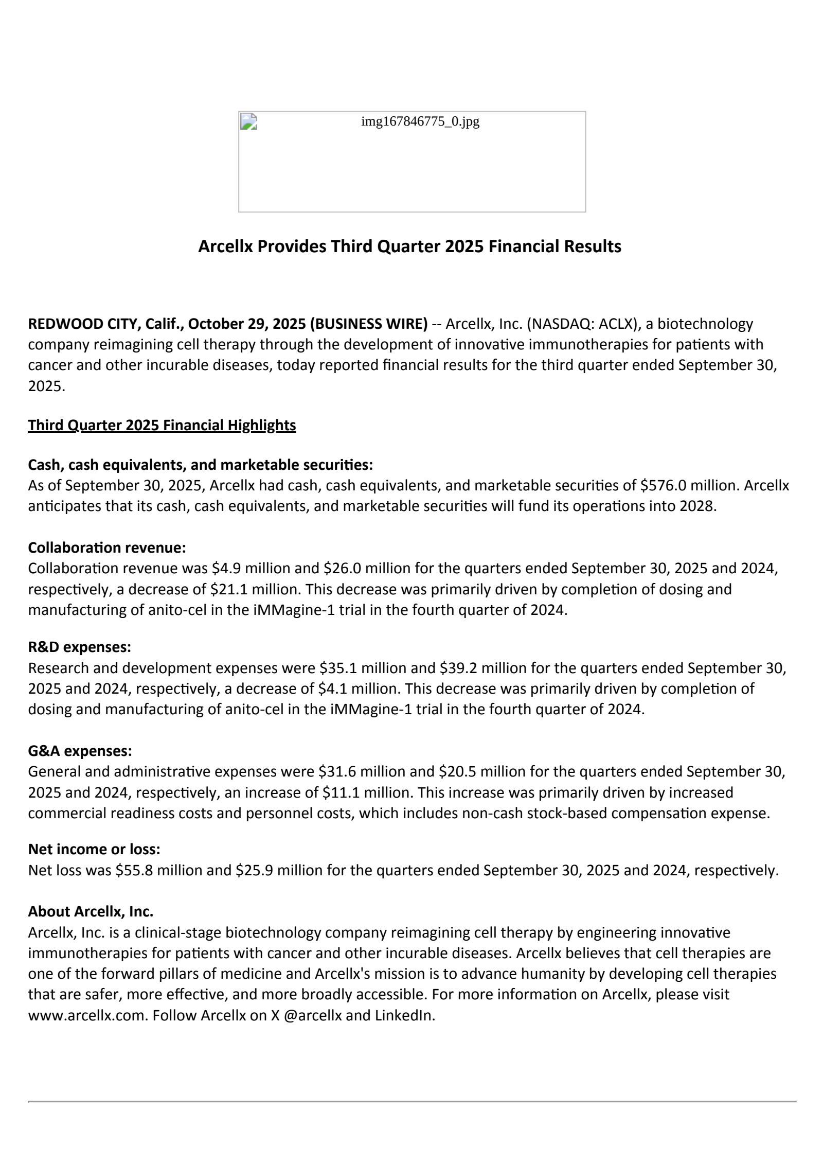 Arcellx's Q3 2025 Earnings Release