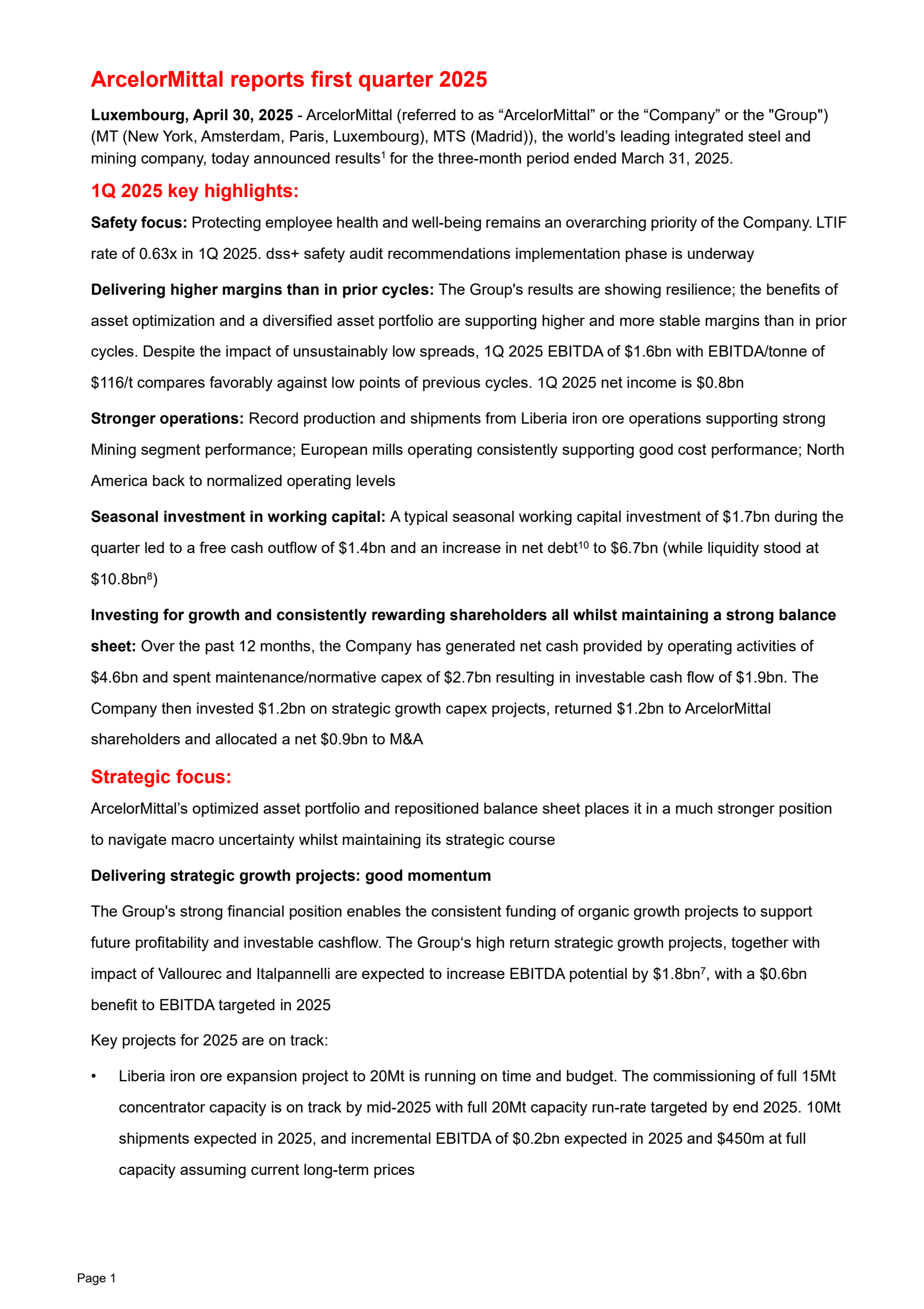 ArcelorMittal's Q1 2025 Interim report
