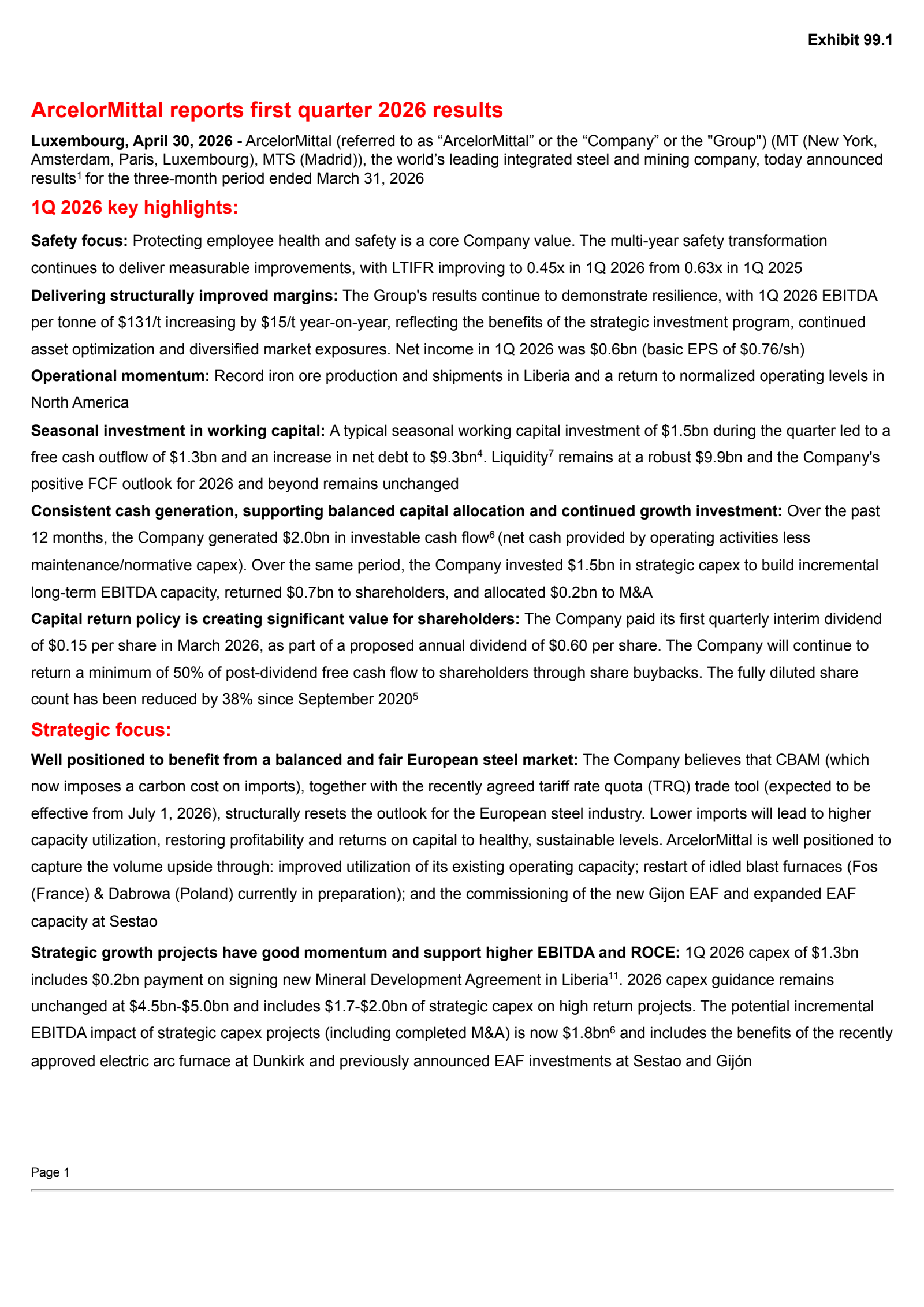 ArcelorMittal's Q1 2026 Press Release
