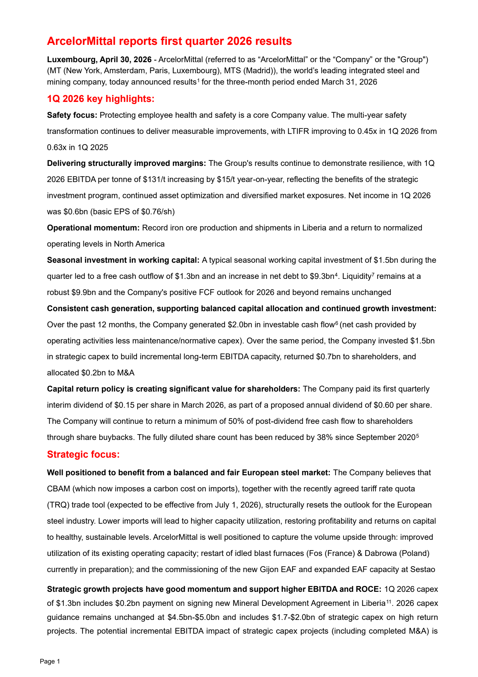 ArcelorMittal's Q1 2026 Press Release