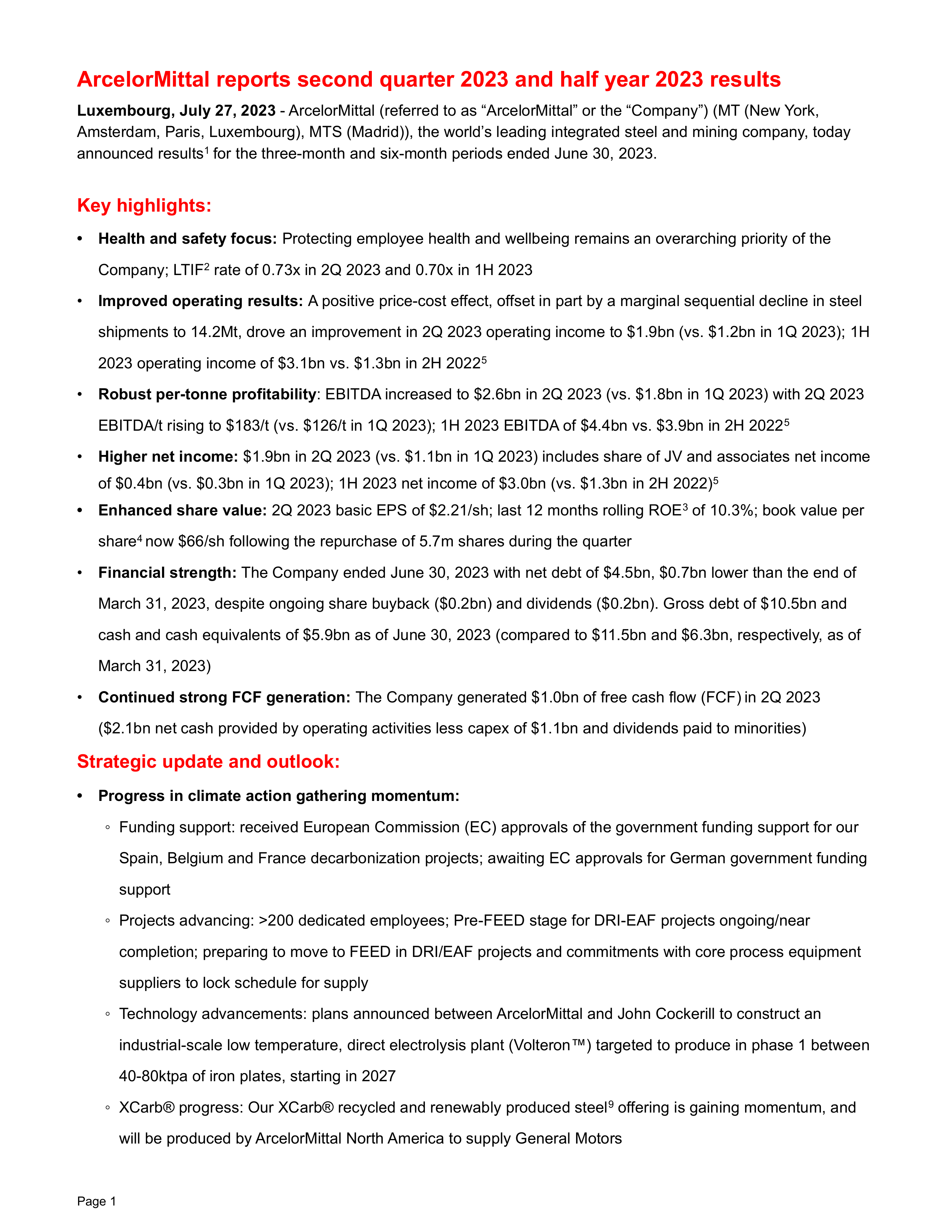 ArcelorMittal's Q2 2023 Interim report