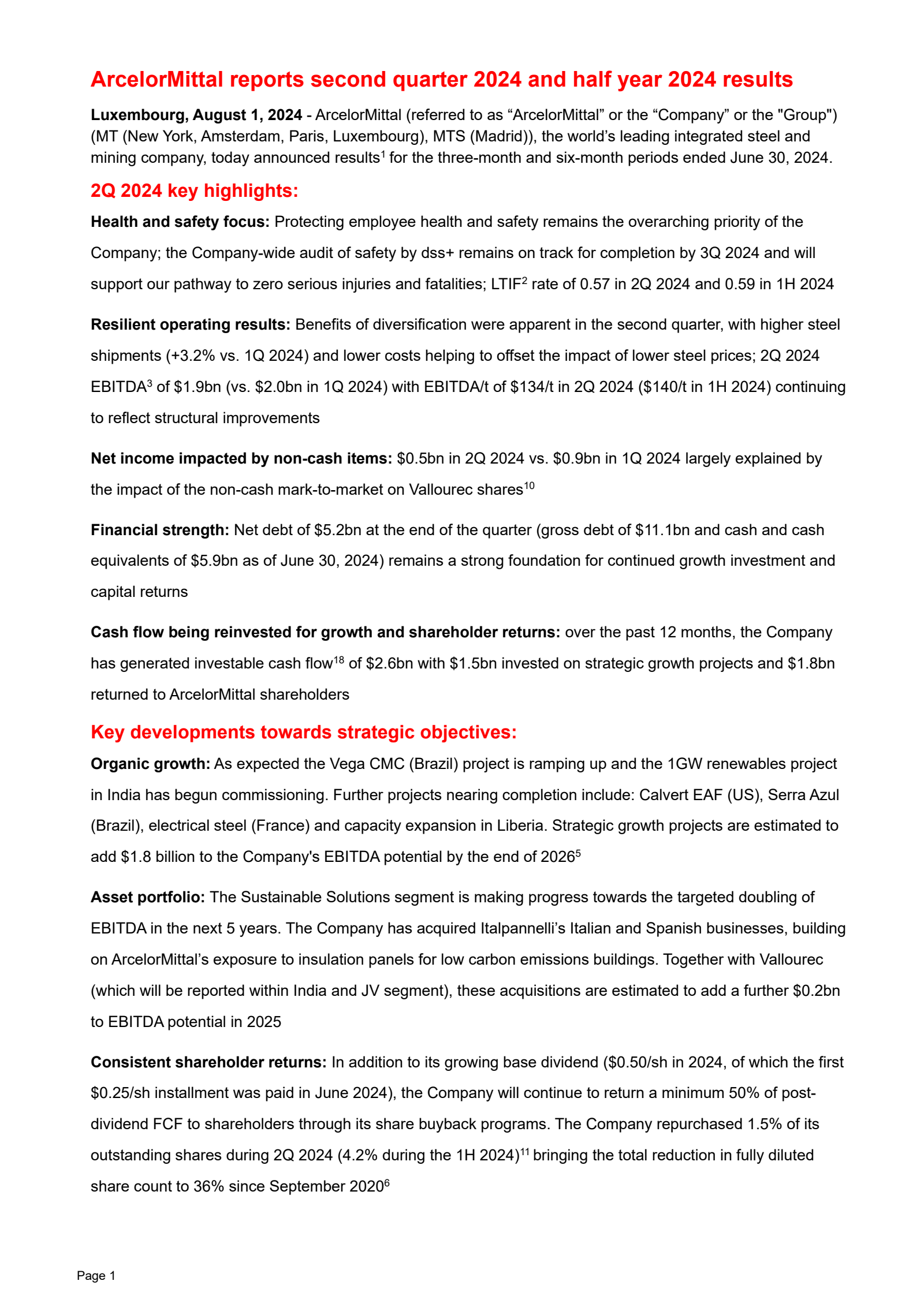 ArcelorMittal's Q2 2024 Interim report