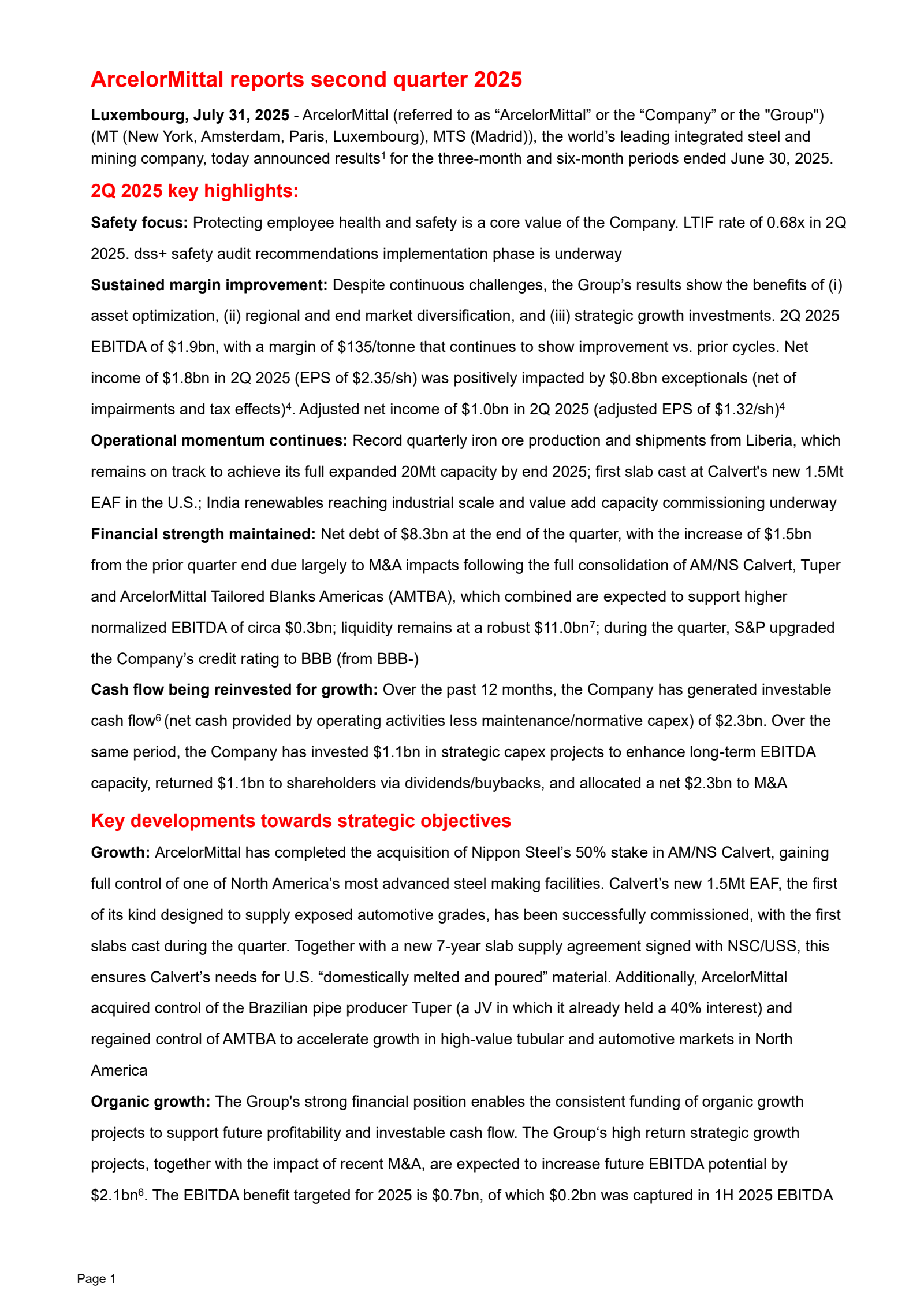 ArcelorMittal's Q2 2025 Interim report