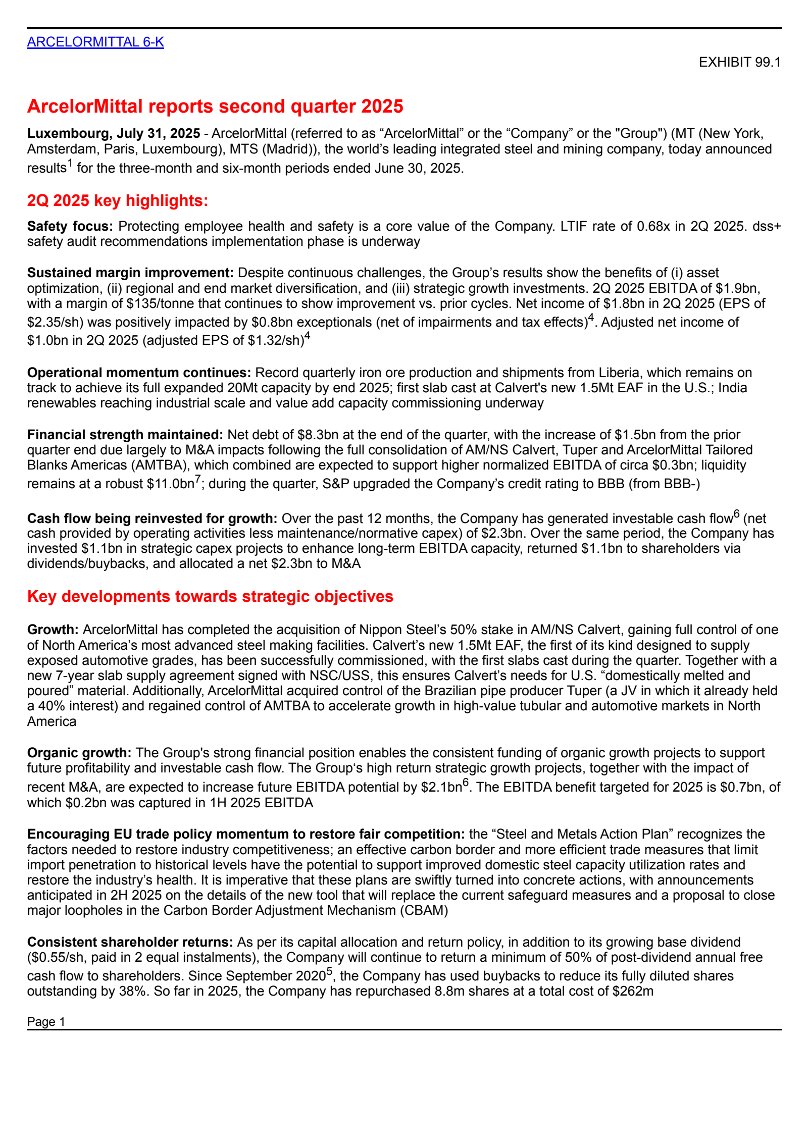 ArcelorMittal's Q2 2025 Press Release