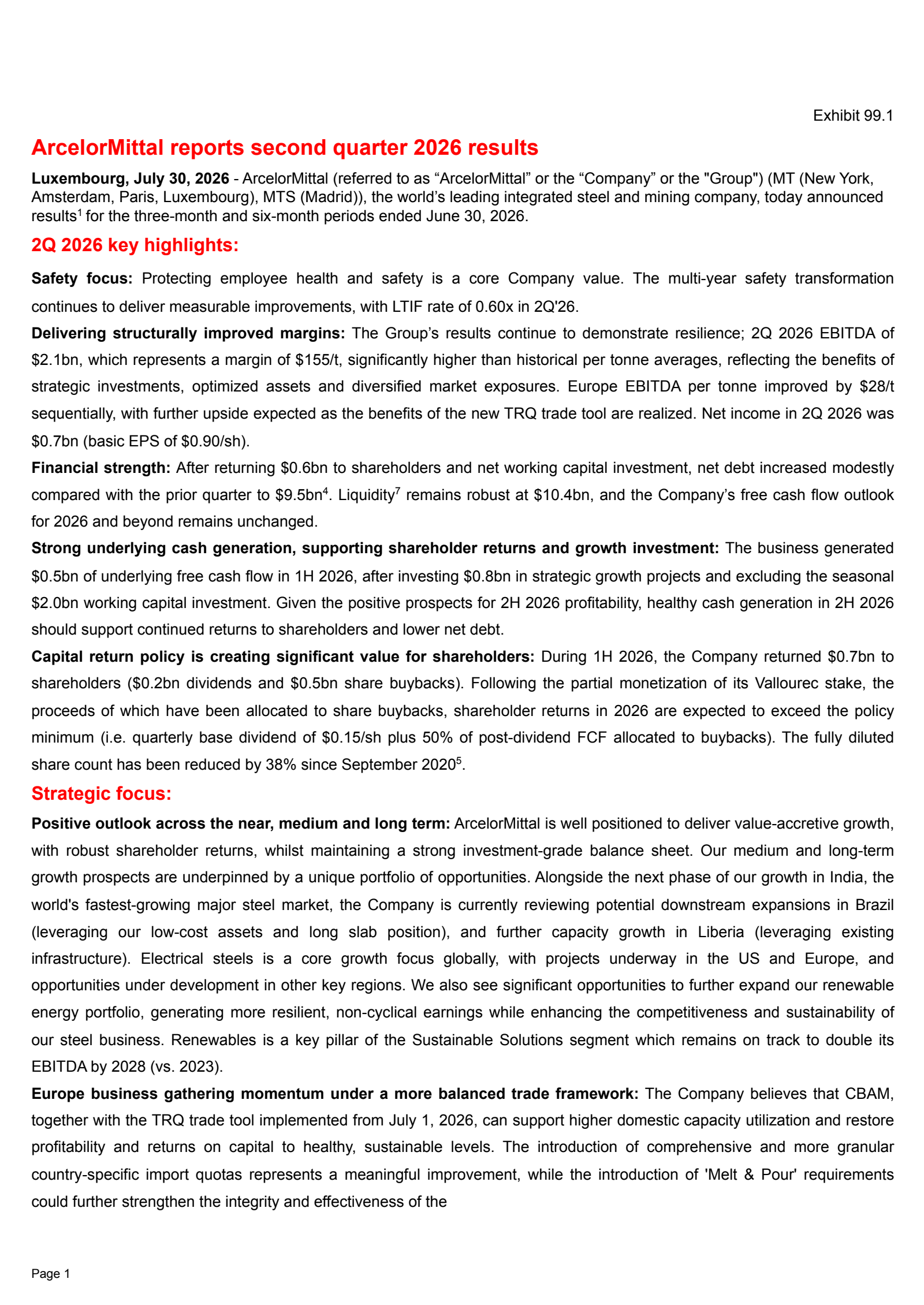 ArcelorMittal's Q2 2026 Press Release