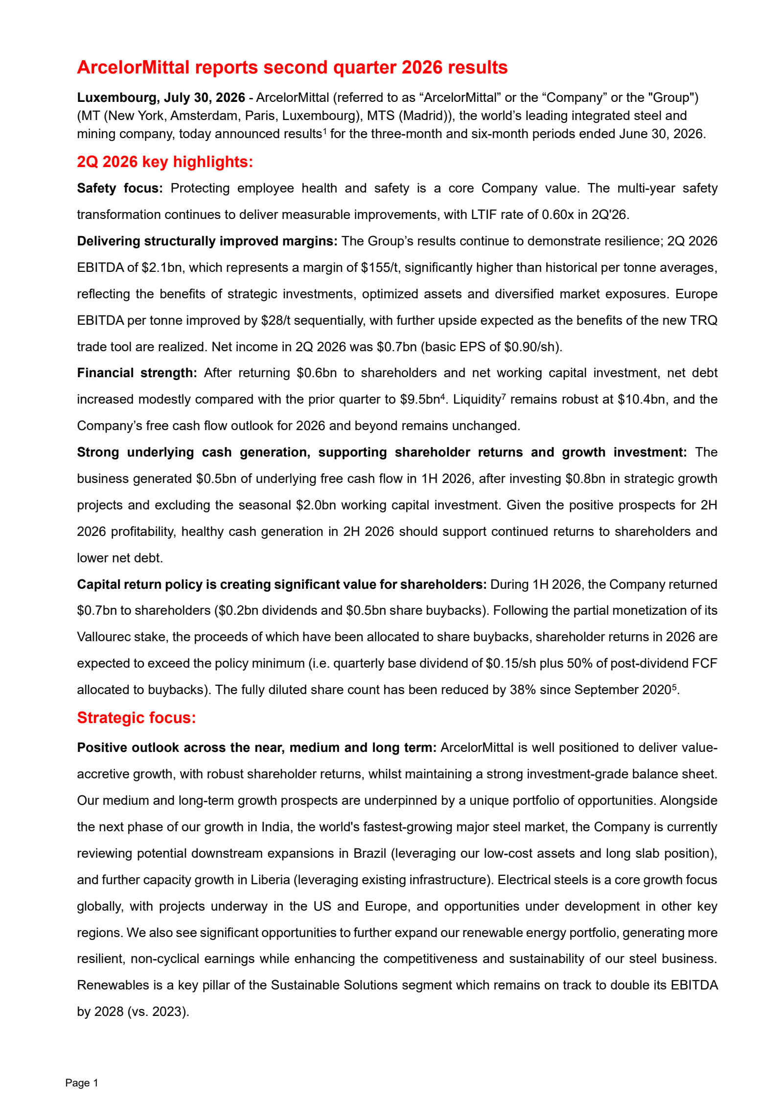 ArcelorMittal's Q2 2026 Press Release