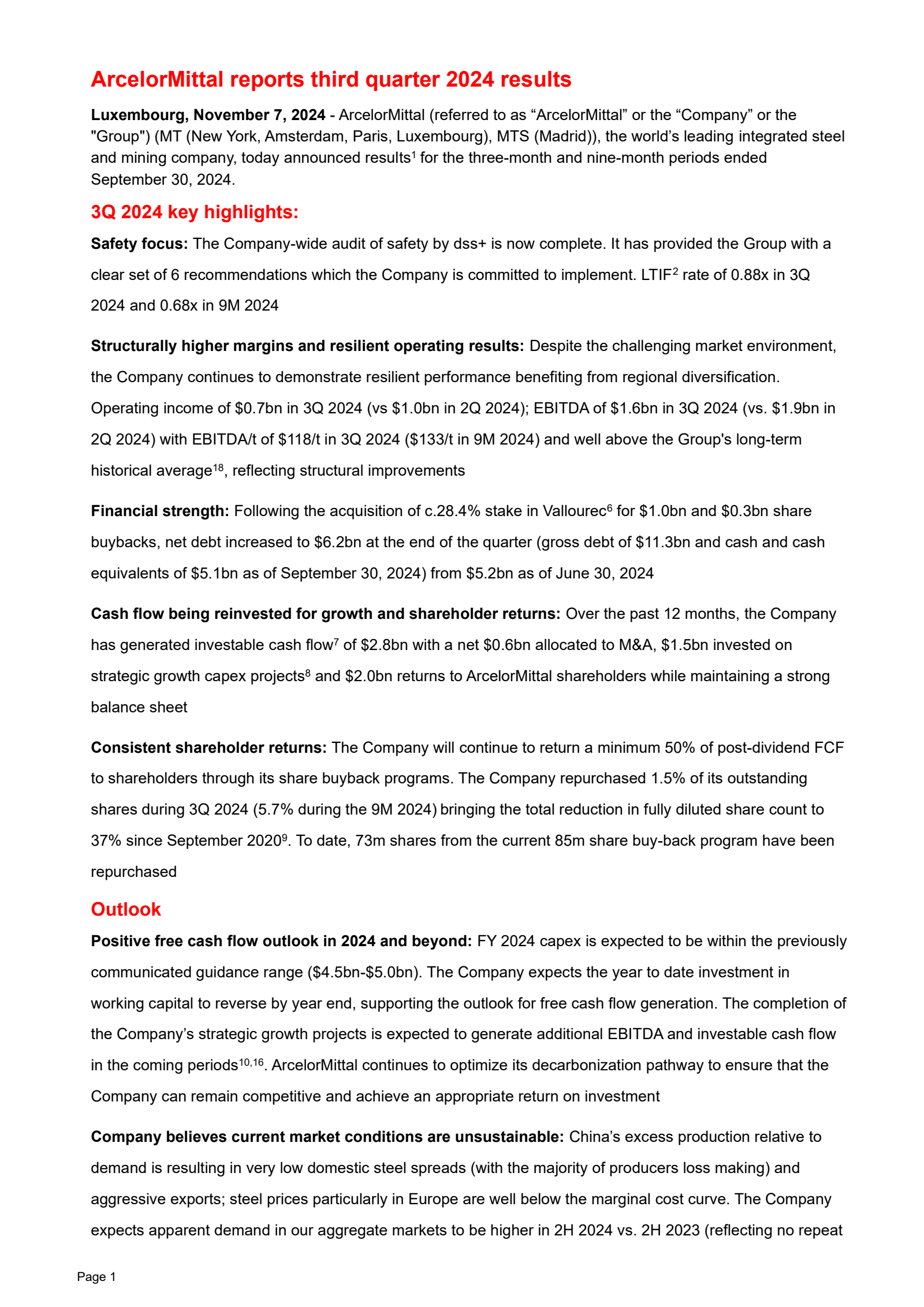 ArcelorMittal's Q3 2024 Interim report