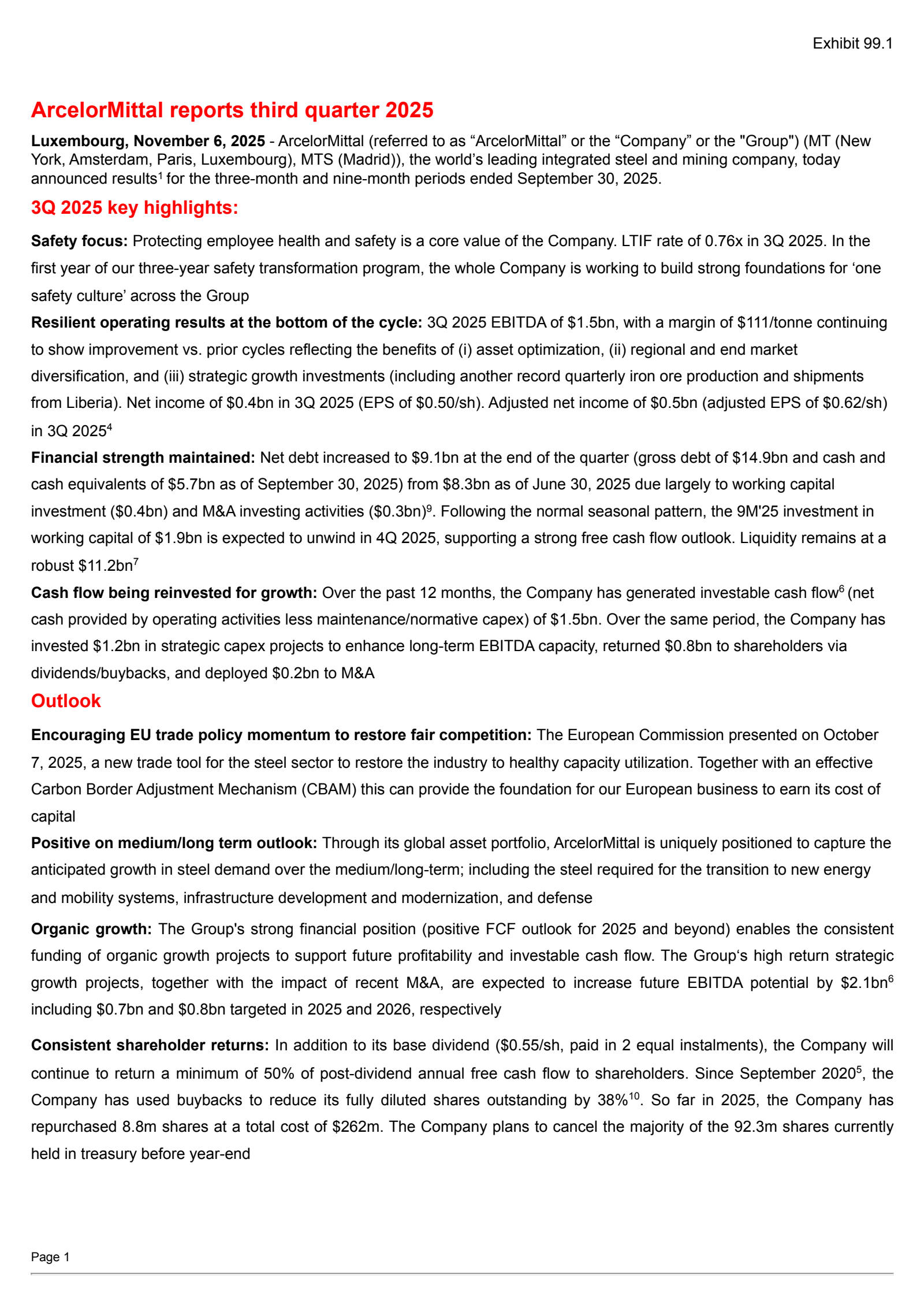 ArcelorMittal's Q3 2025 Earnings Release