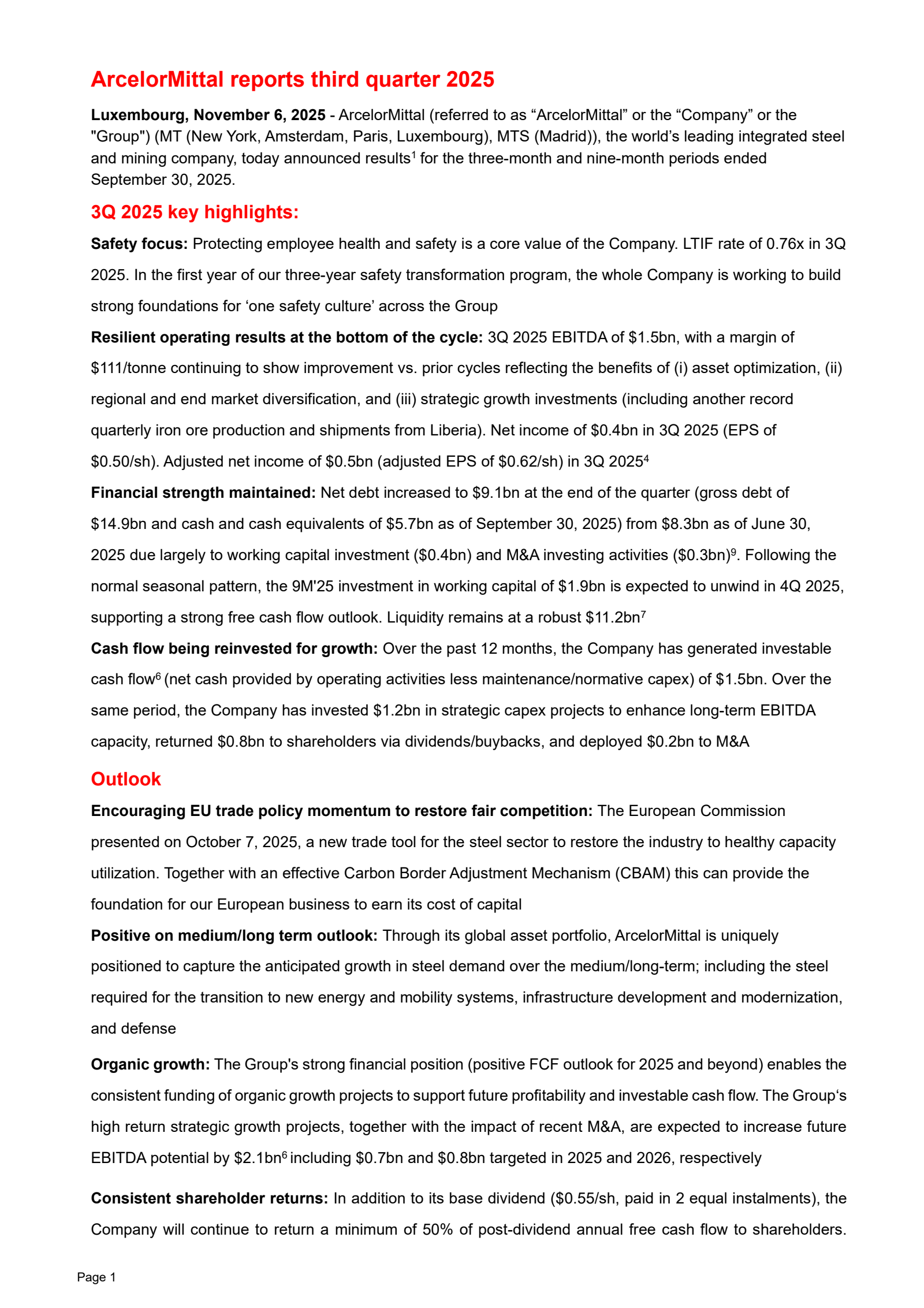ArcelorMittal's Q3 2025 Earnings Release