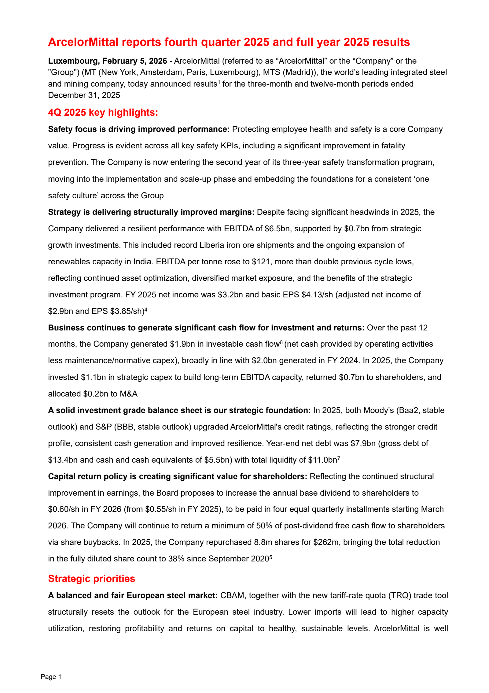ArcelorMittal's Q4 2025 Interim report