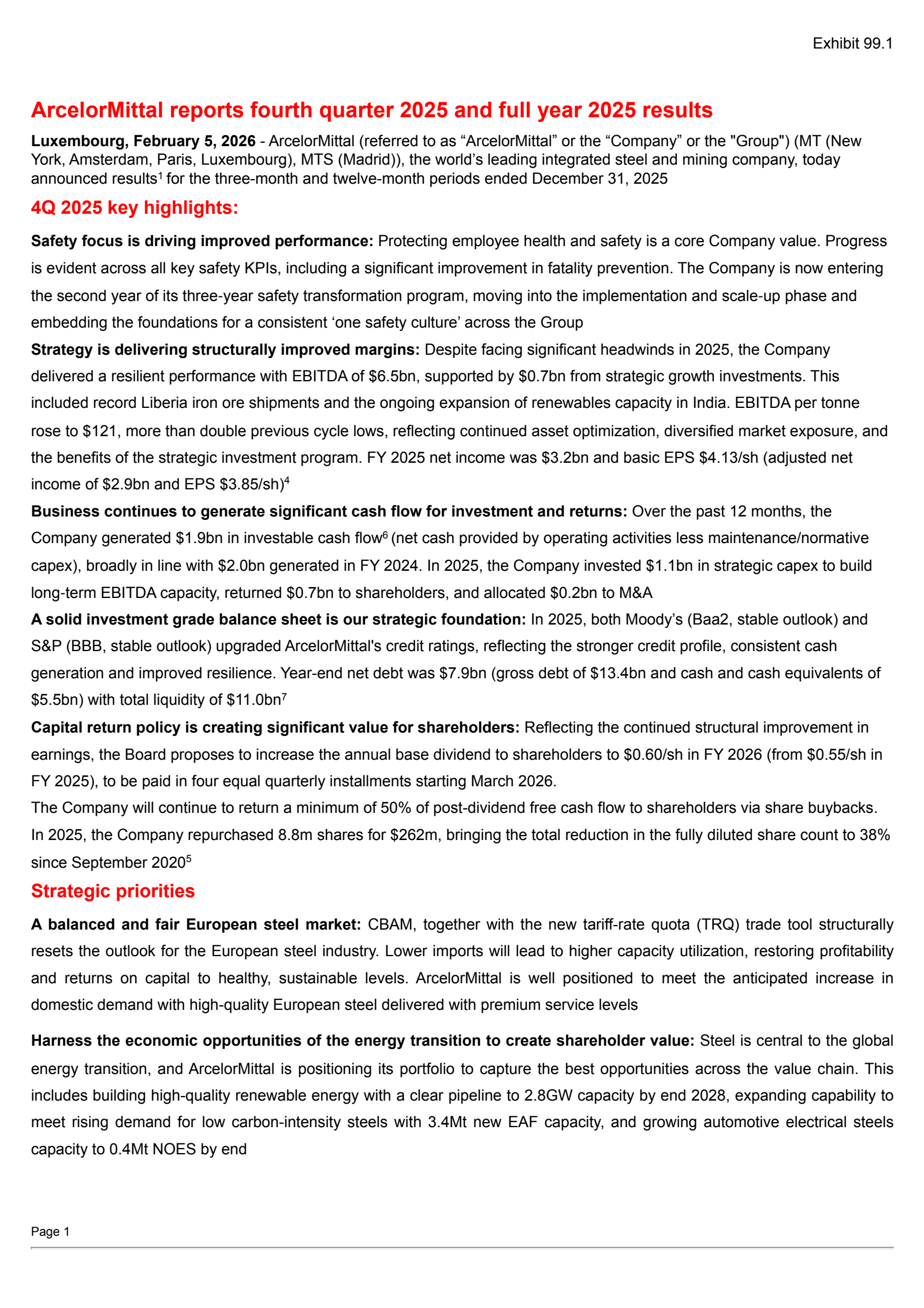 ArcelorMittal's Q4 2025 Press Release