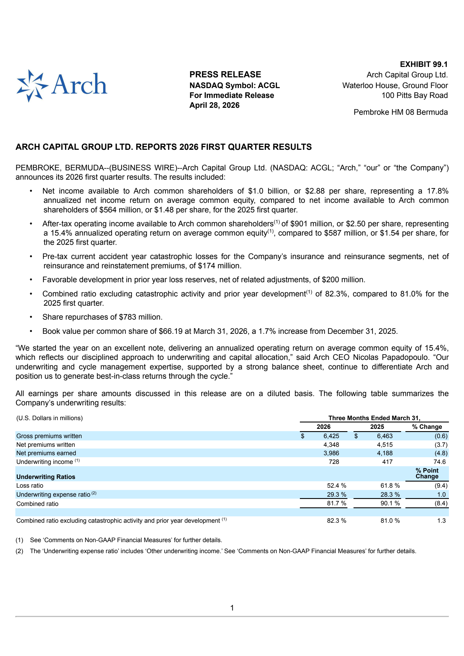 Arch Capital Group's Q1 2026 Press Release