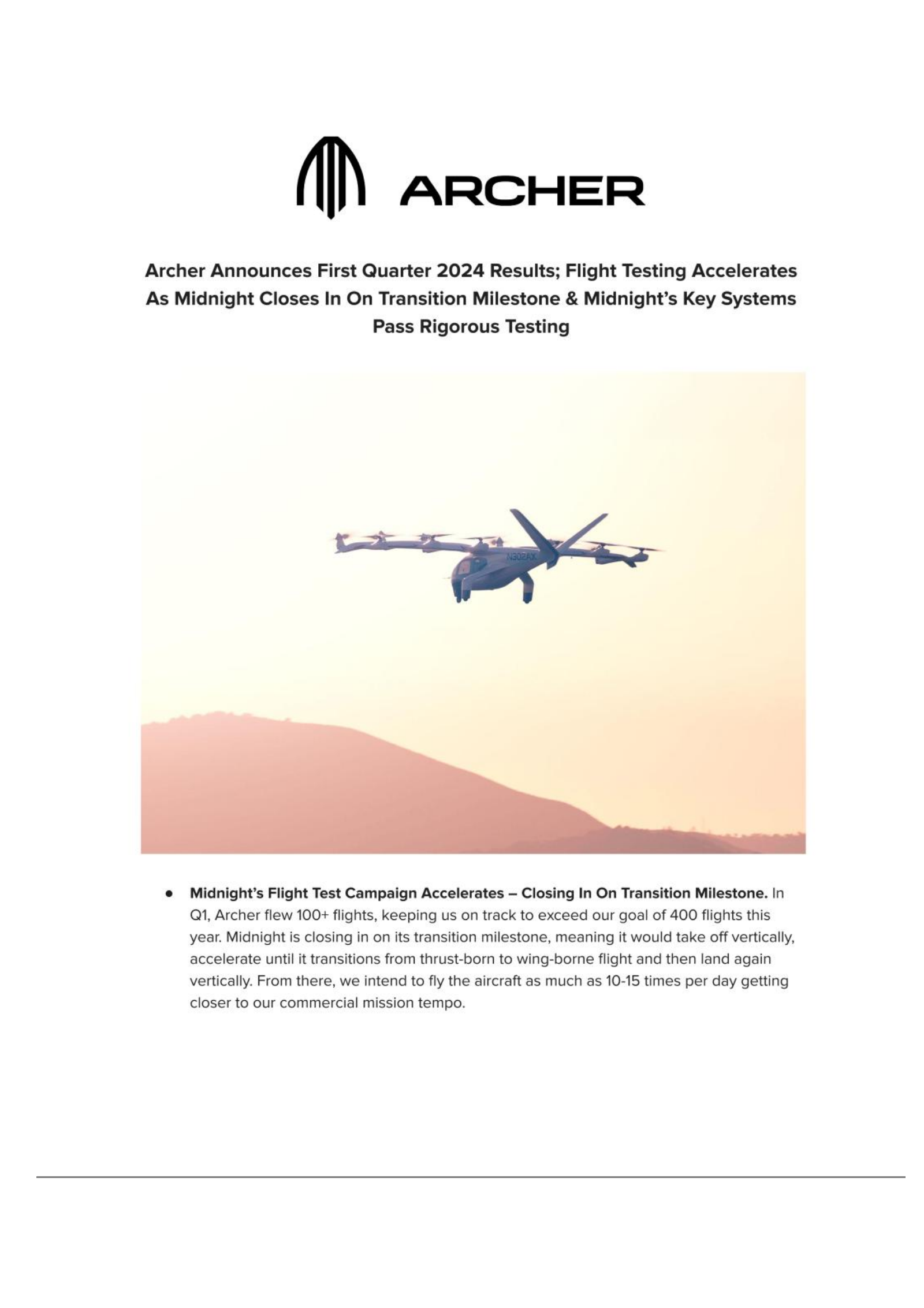 Archer Aviation's Q1 2024 Earnings Release