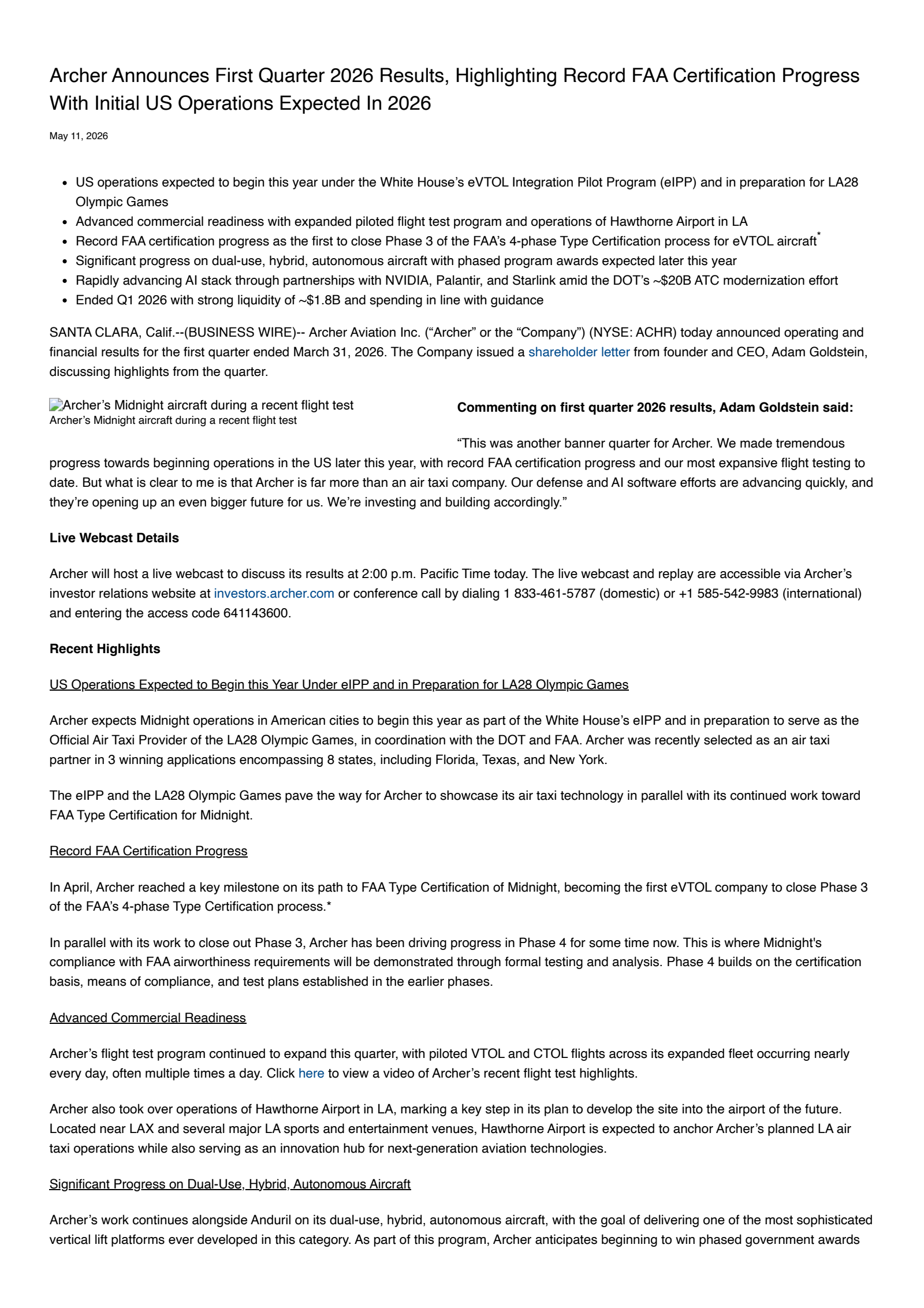 Archer Aviation's Q1 2026 Press Release