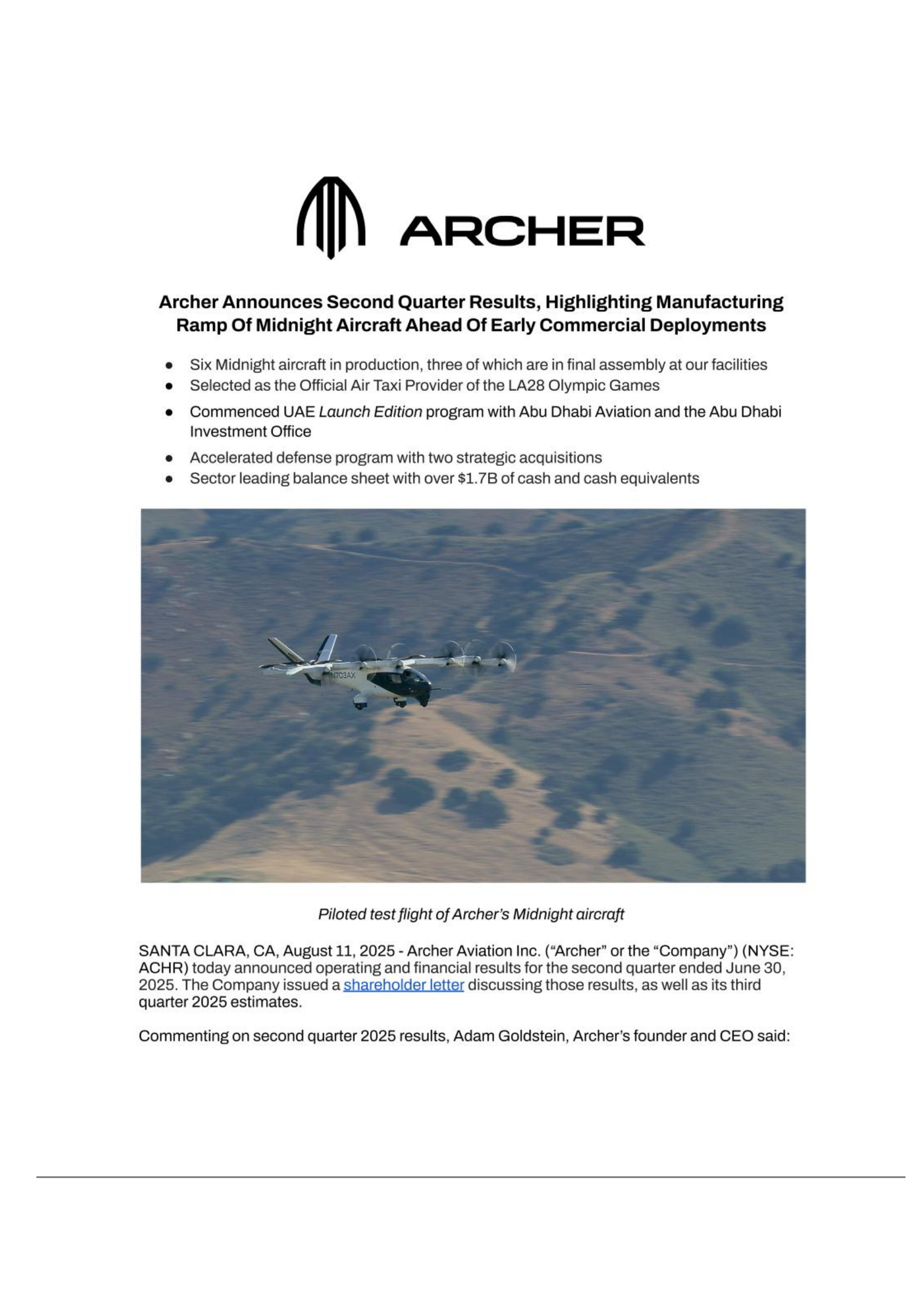 Archer Aviation's Q2 2025 Earnings Release