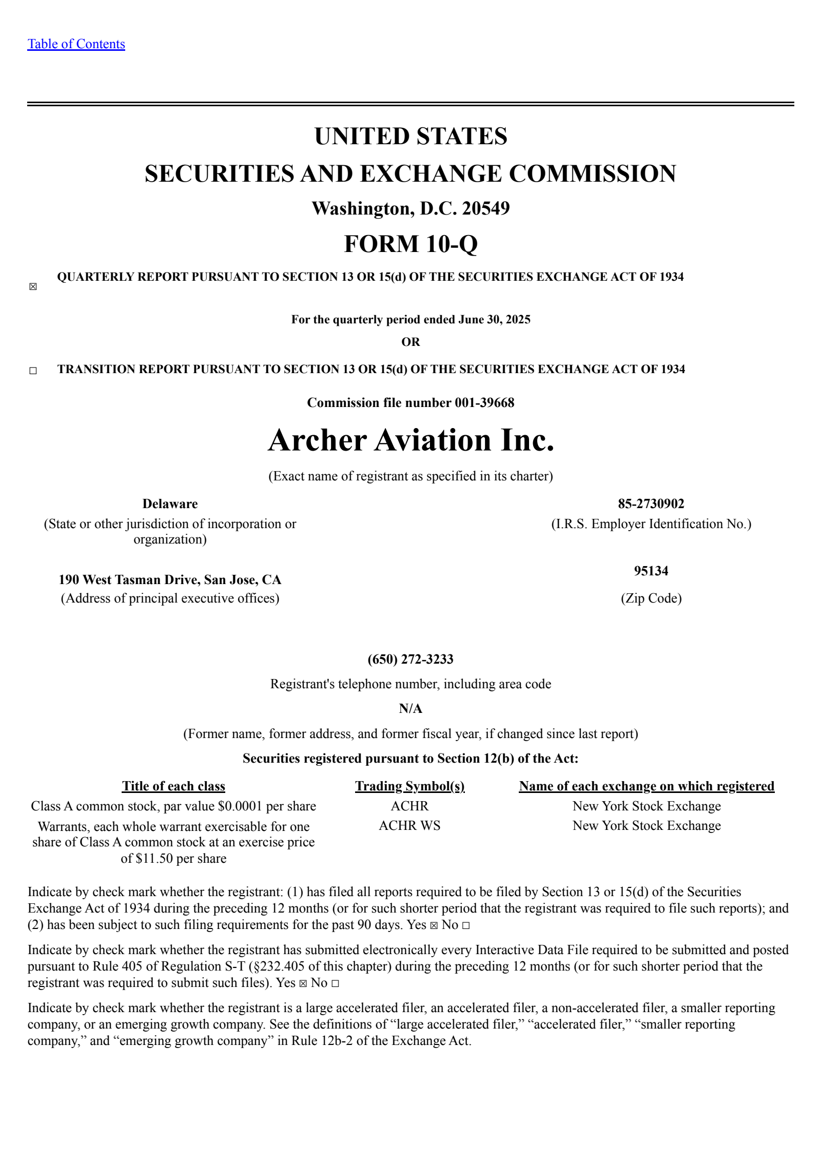 Archer Aviation's Q2 2025 Quarterly report