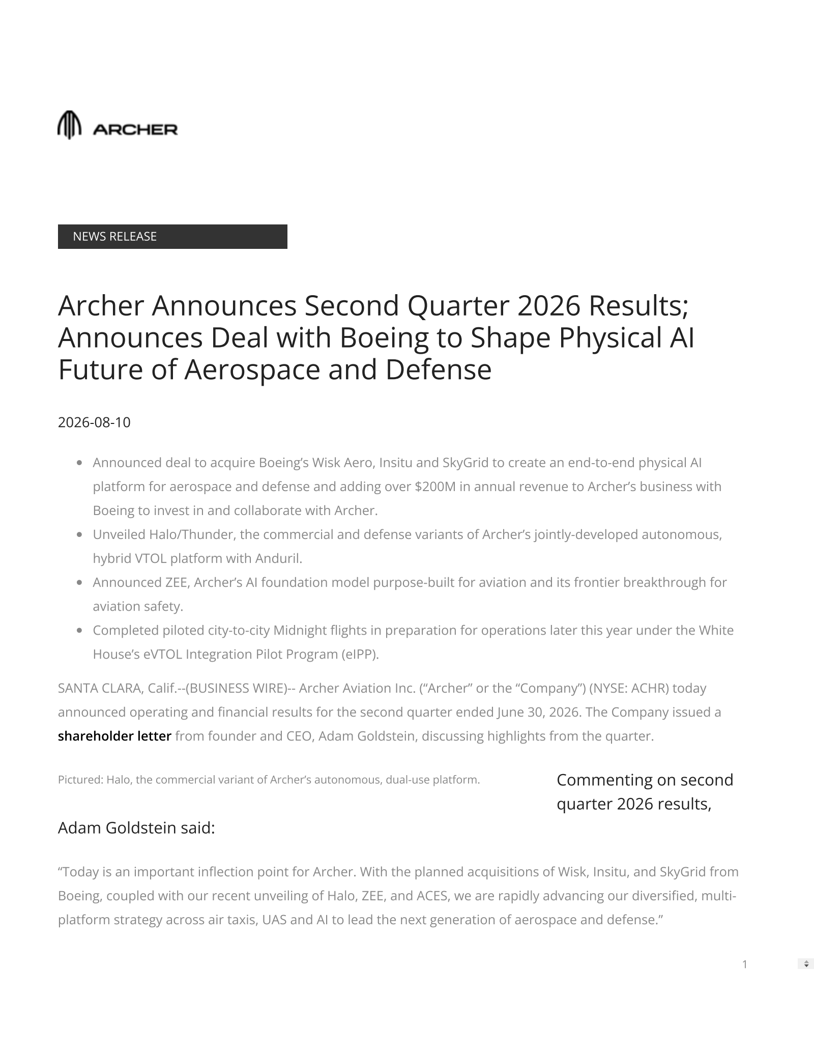 Archer Aviation's Q2 2026 Press Release