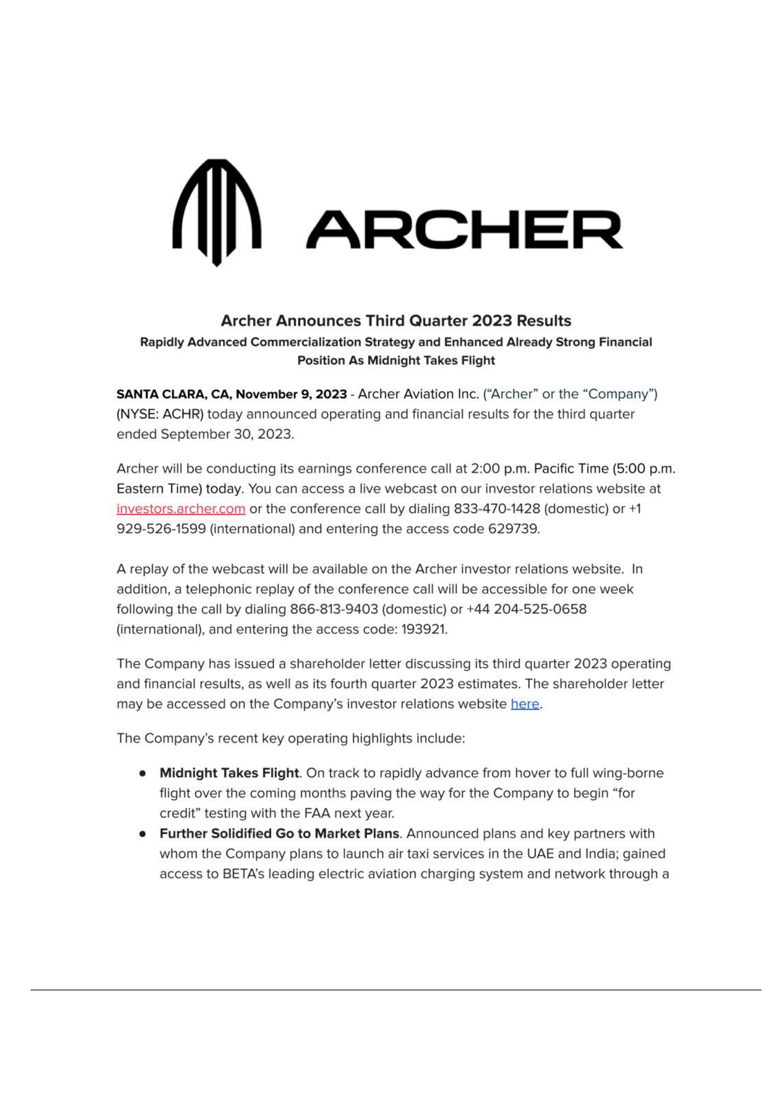 Archer Aviation's Q3 2023 Earnings Release