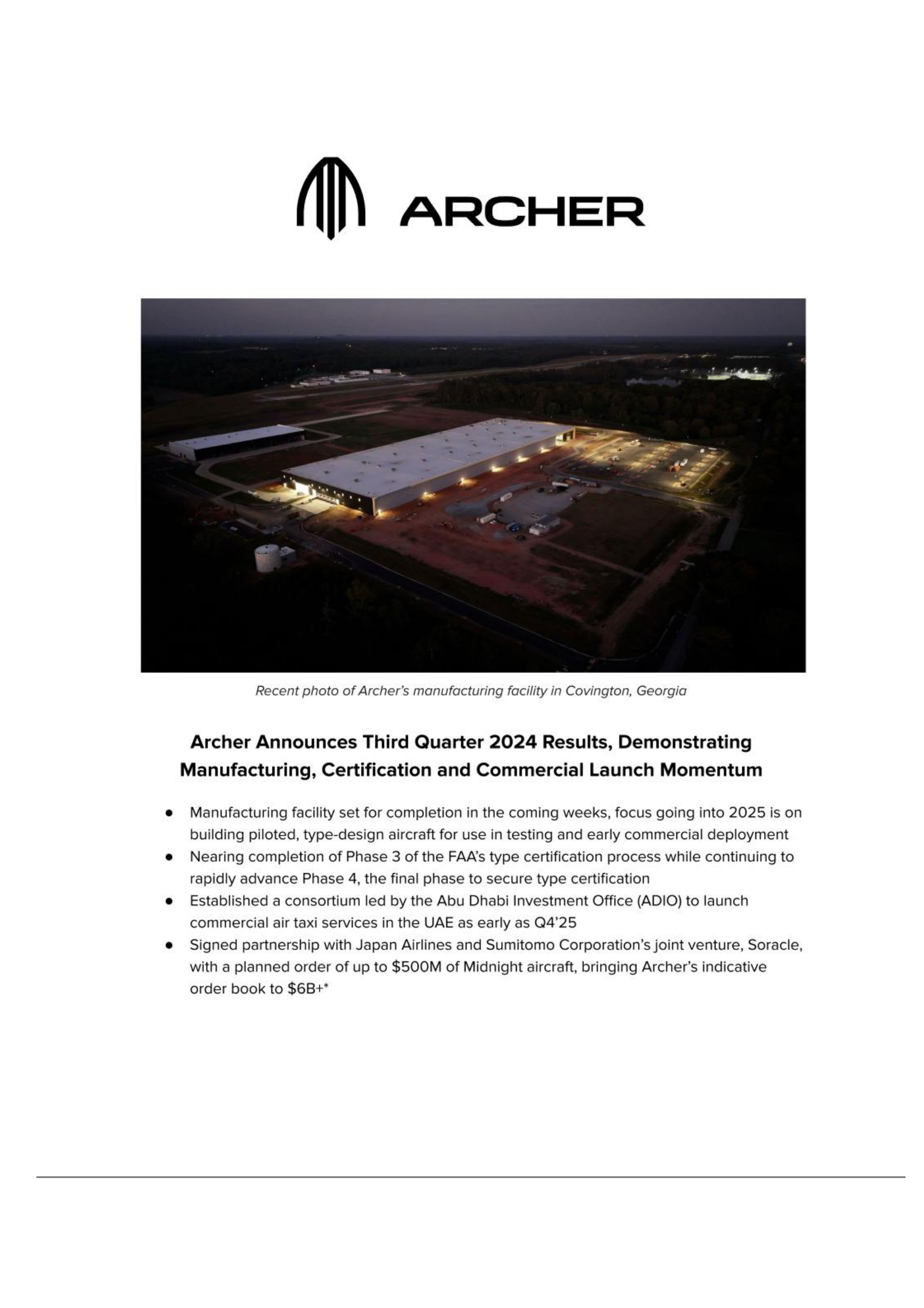 Archer Aviation's Q3 2024 Earnings Release