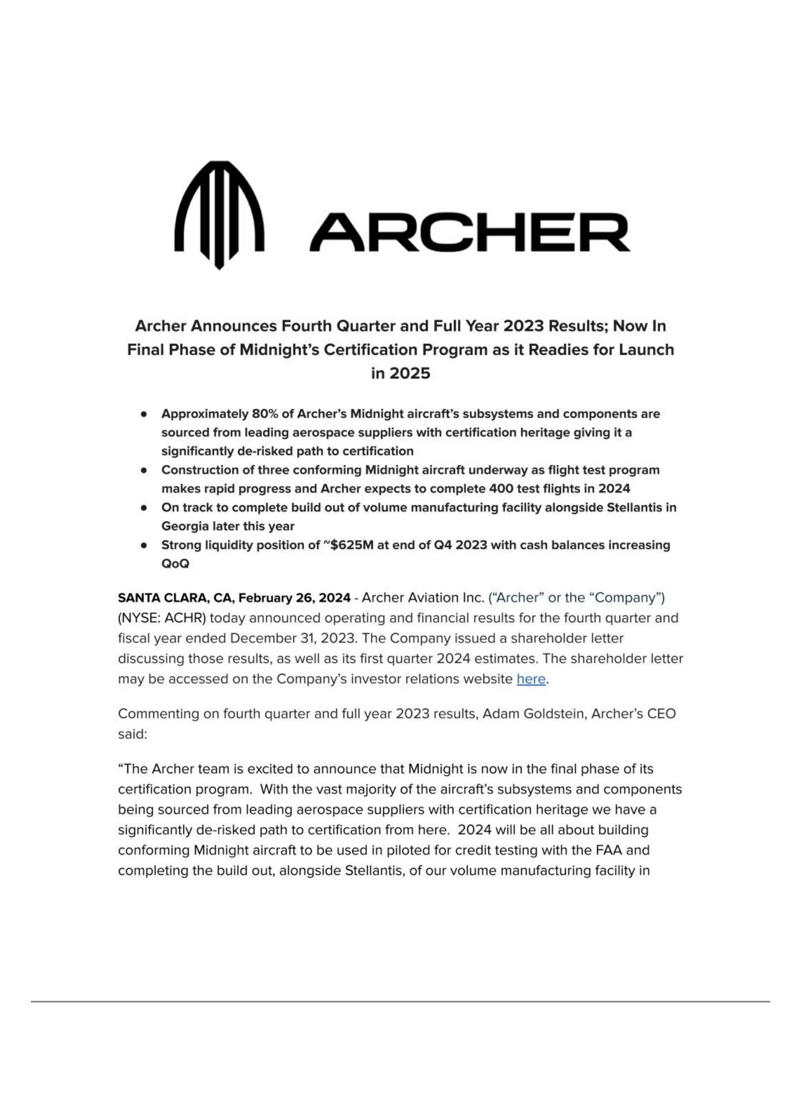 Archer Aviation's Q4 2023 Earnings Release