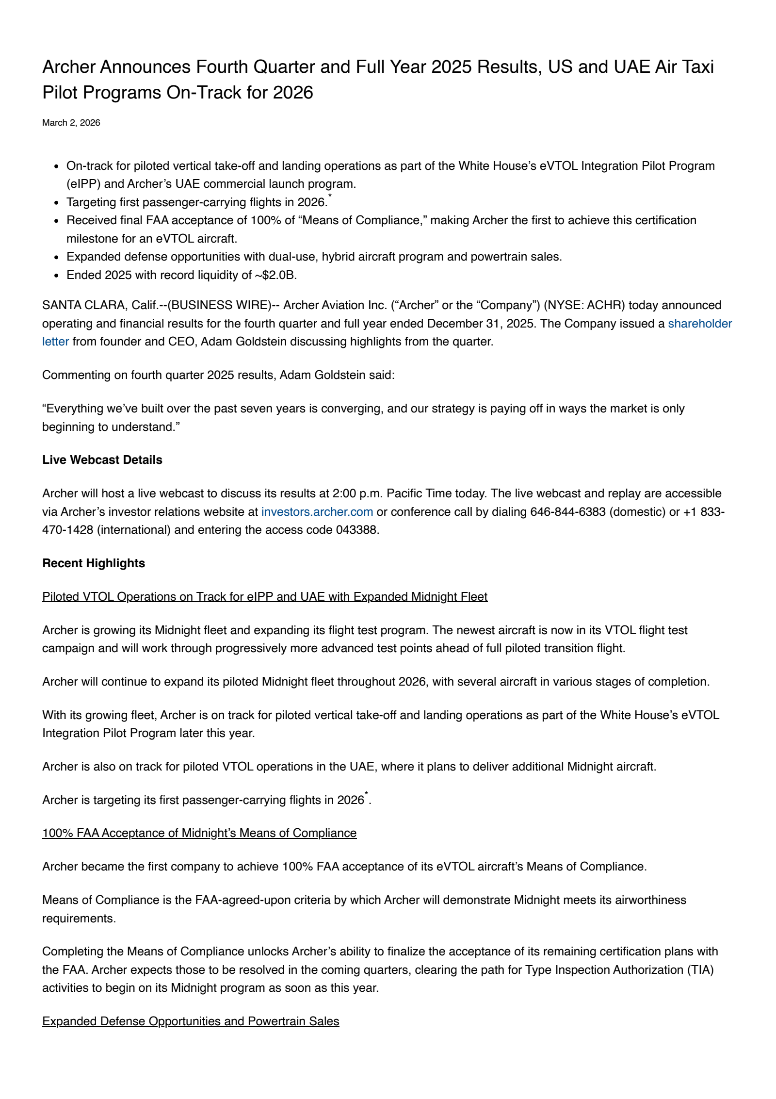 Archer Aviation's Q4 2025 Press Release