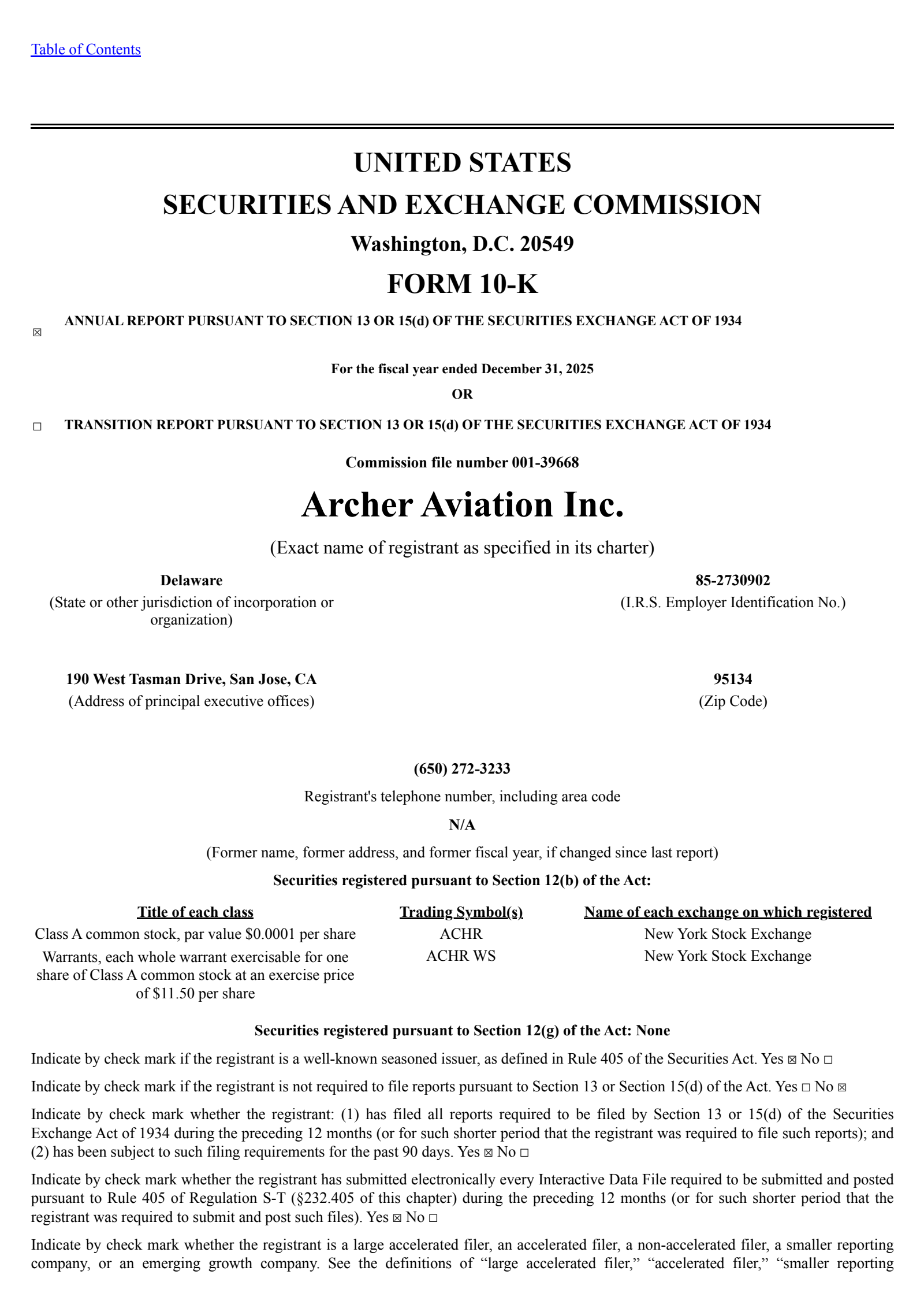 Archer Aviation's Q4 2025 Annual report