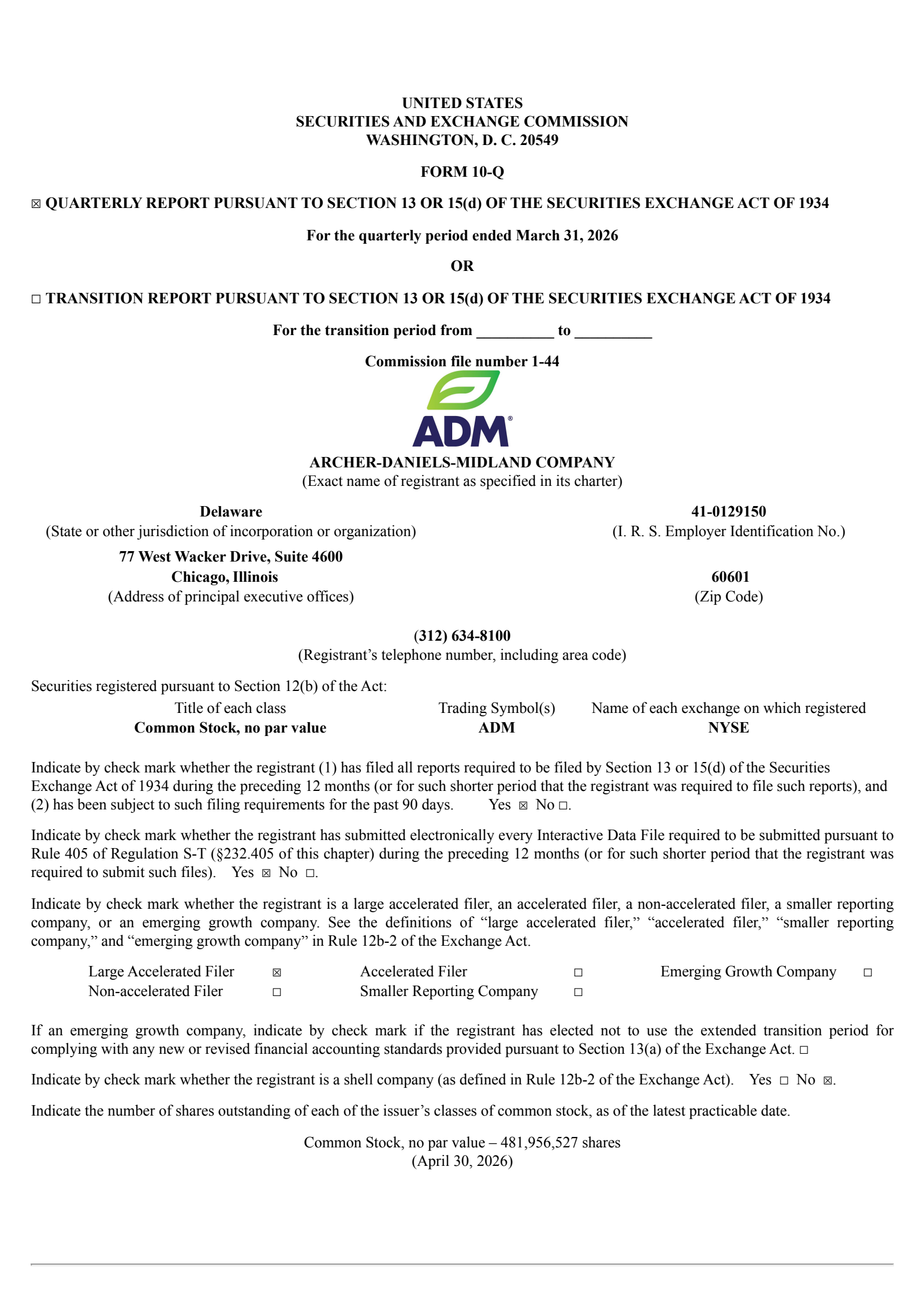 Archer Daniels Midland's Q1 2026 Quarterly report