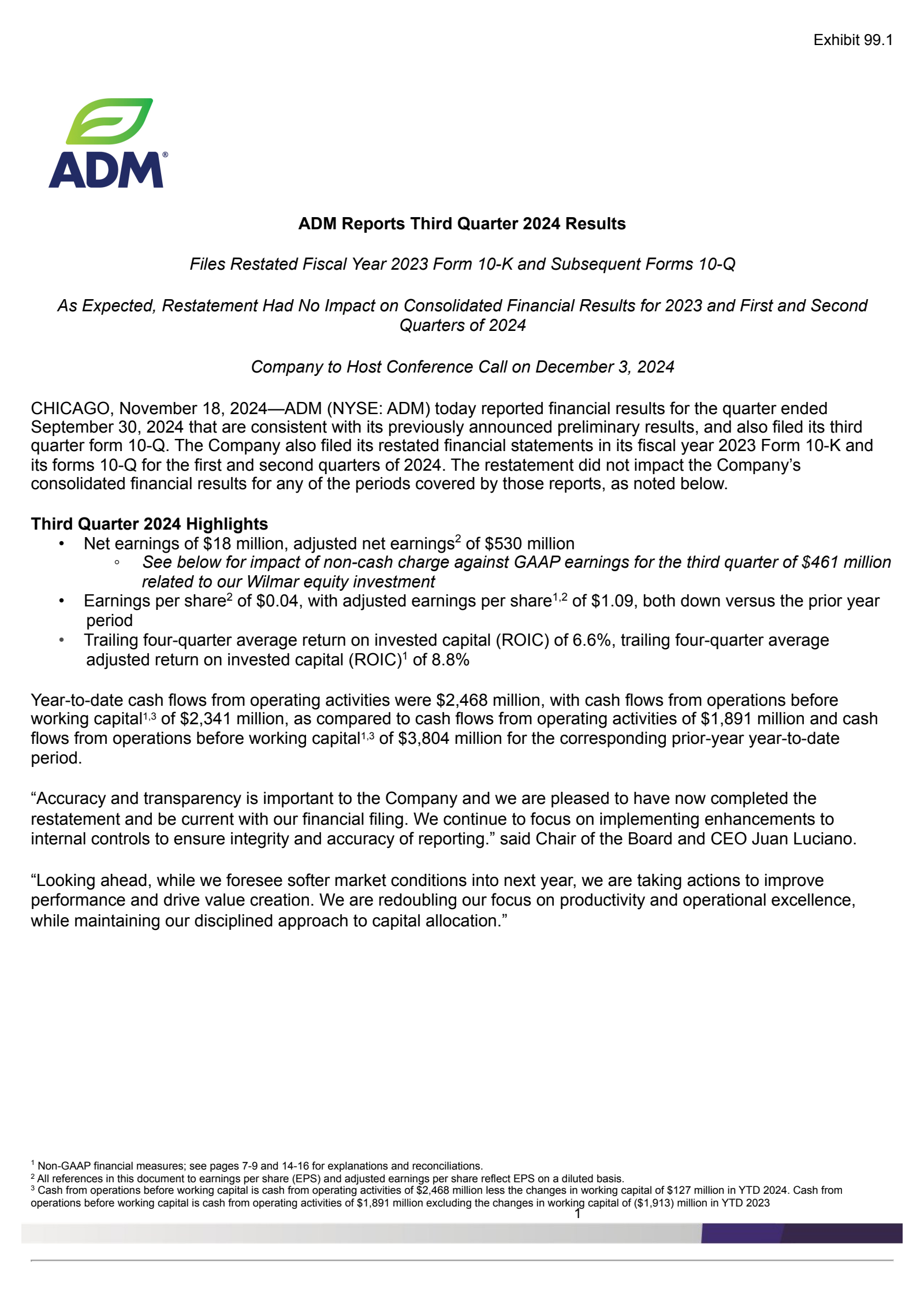 Archer Daniels Midland's Q3 2024 Press Release