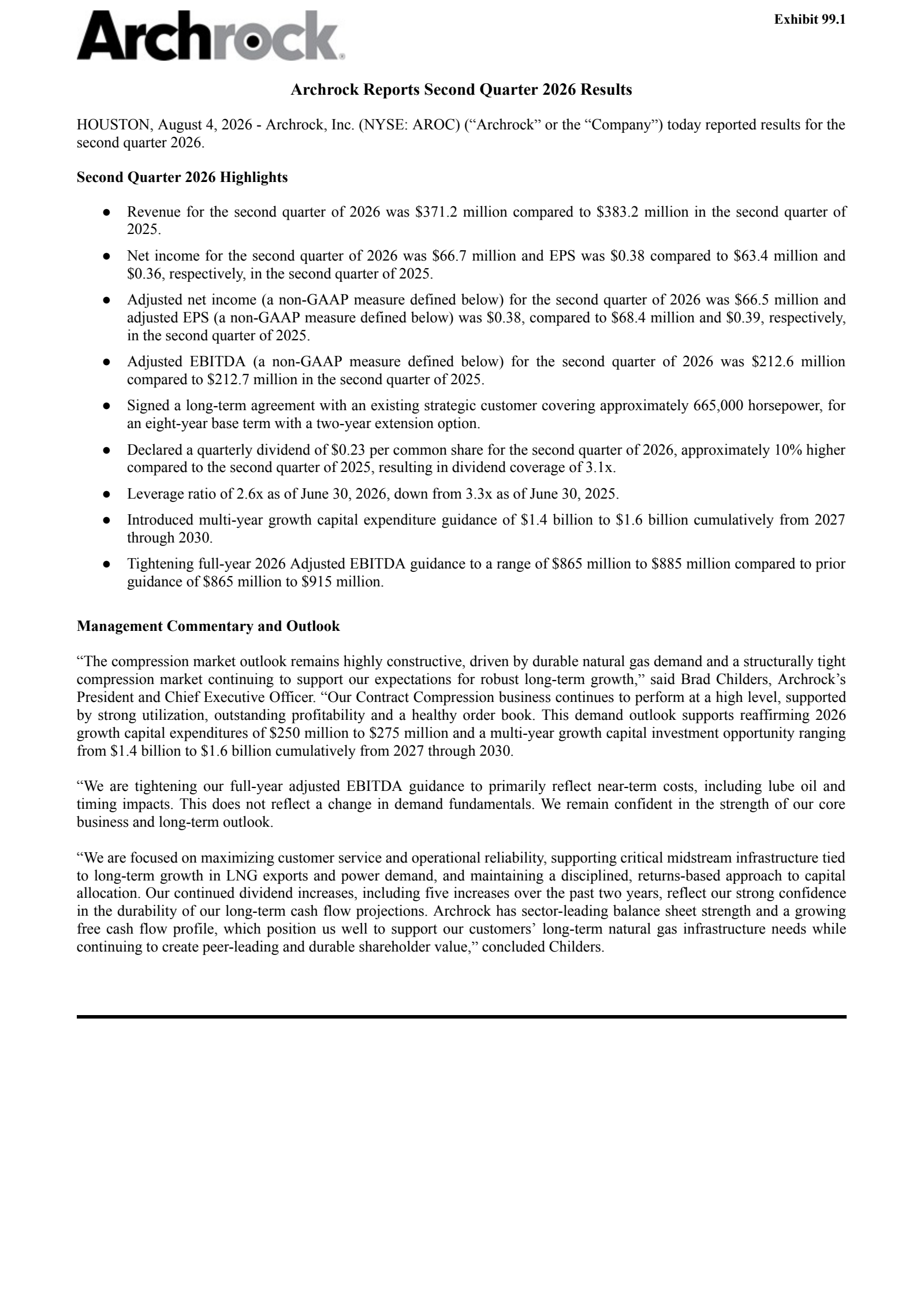 Archrock's Q2 2026 Press Release