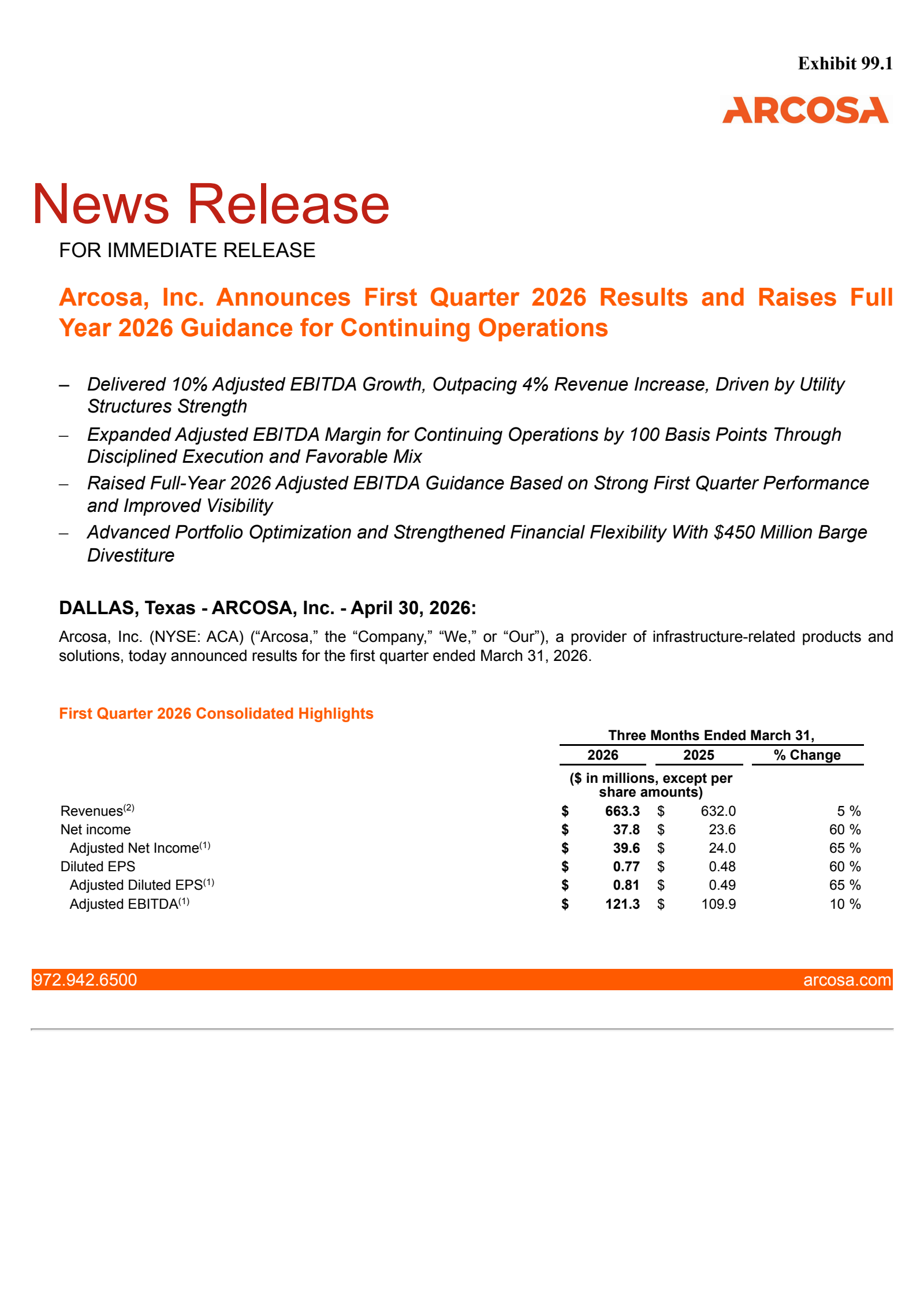 Arcosa's Q1 2026 Press Release