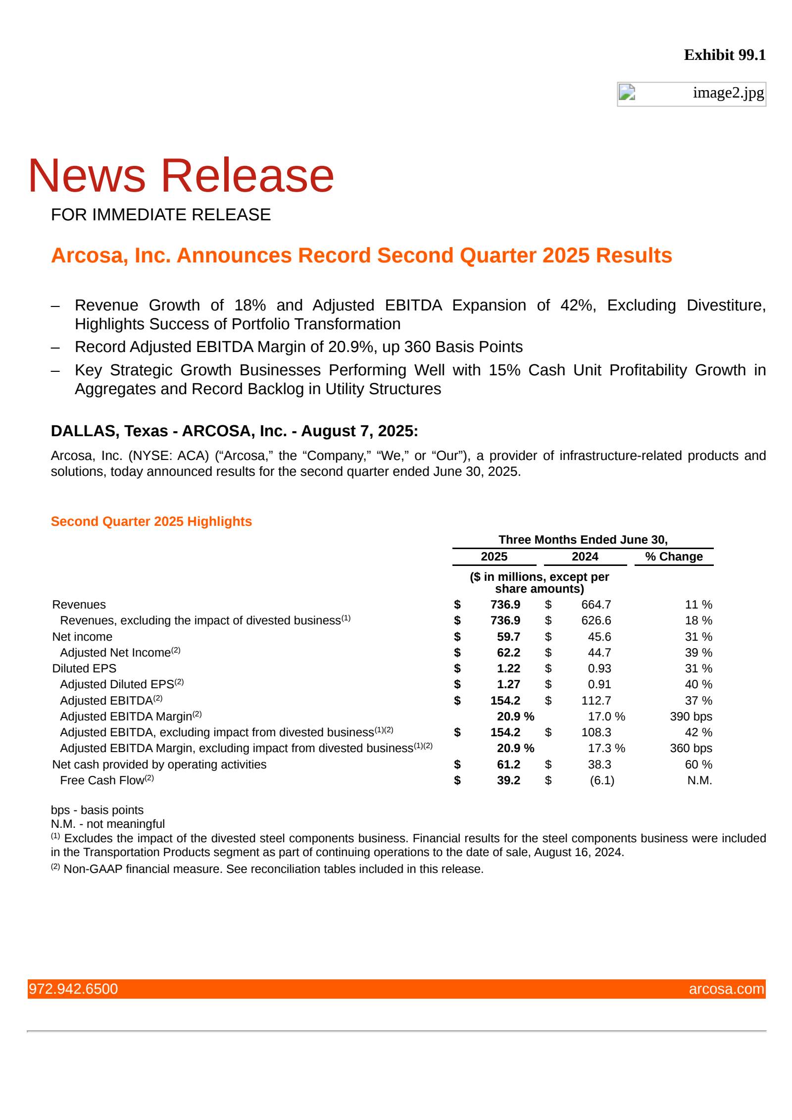 Arcosa's Q2 2025 Press Release