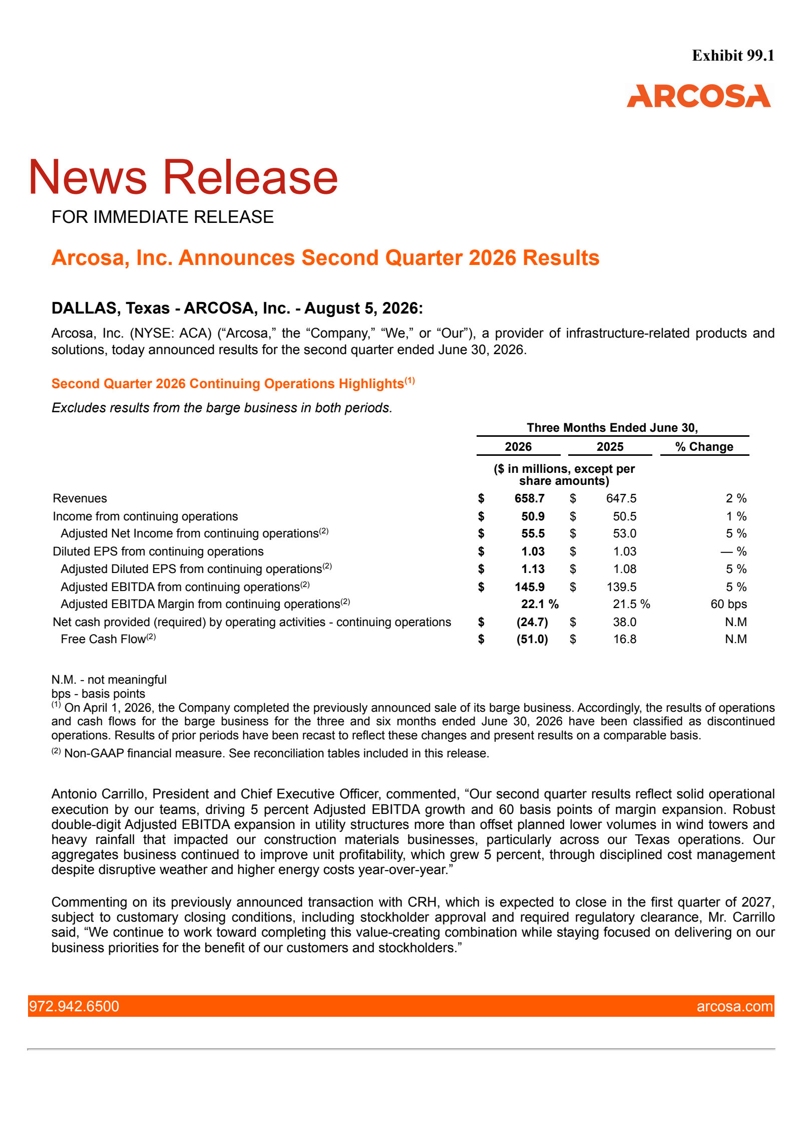 Arcosa's Q2 2026 Press Release
