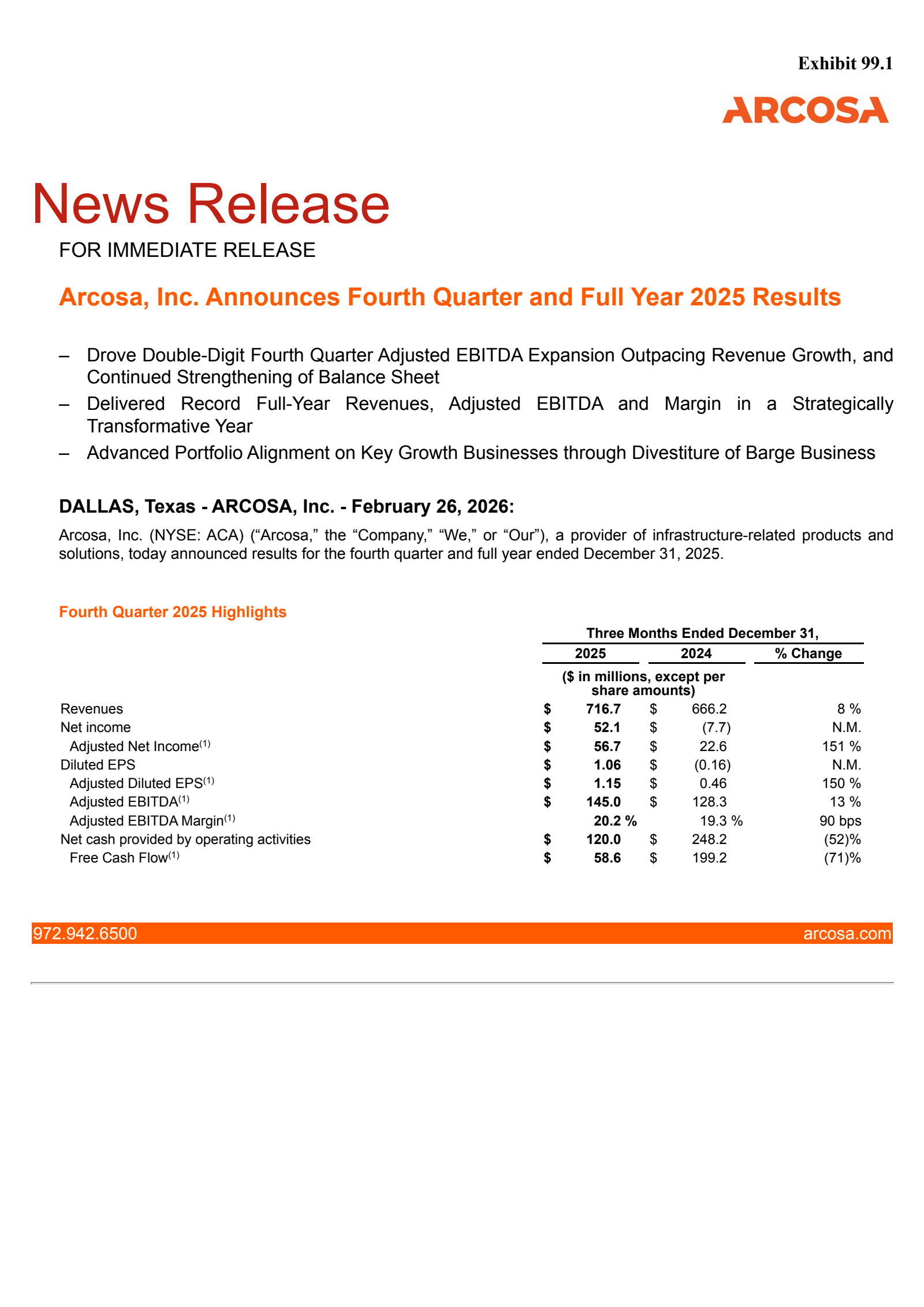 Arcosa's Q4 2025 Press Release