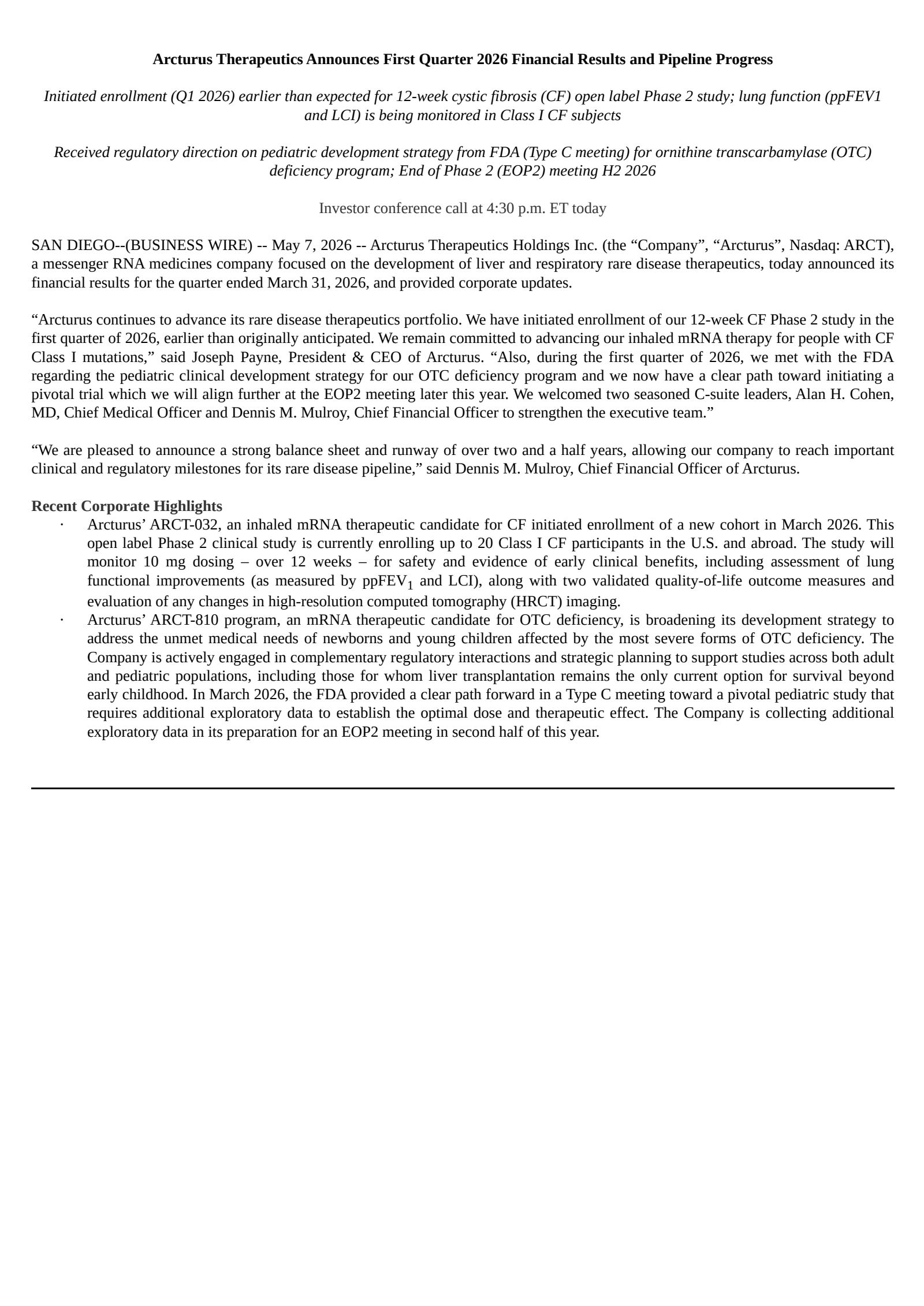 Arcturus Therapeutics' Q1 2026 Press Release