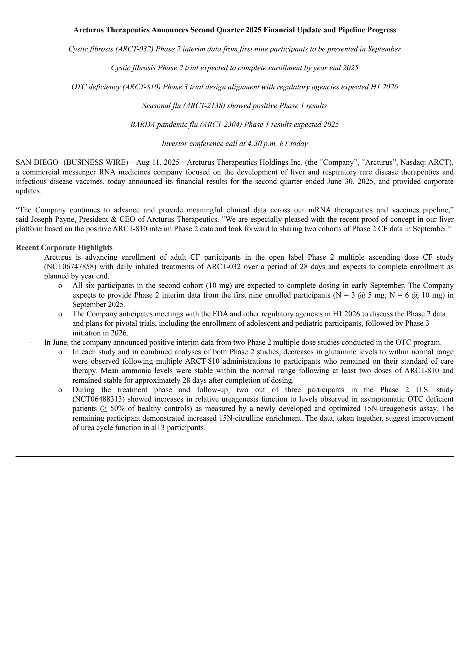 Arcturus Therapeutics' Q2 2025 Press Release