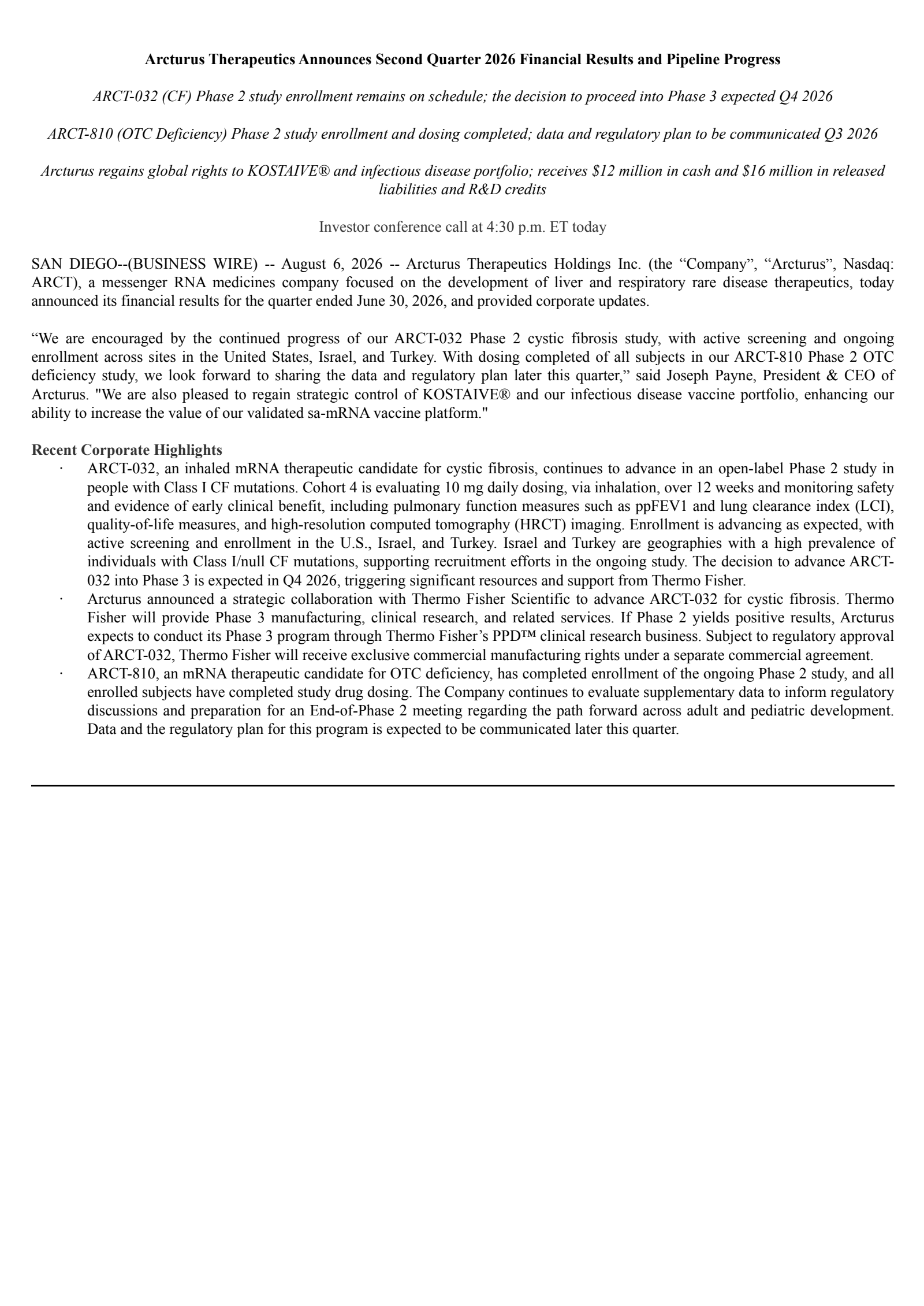 Arcturus Therapeutics' Q2 2026 Press Release