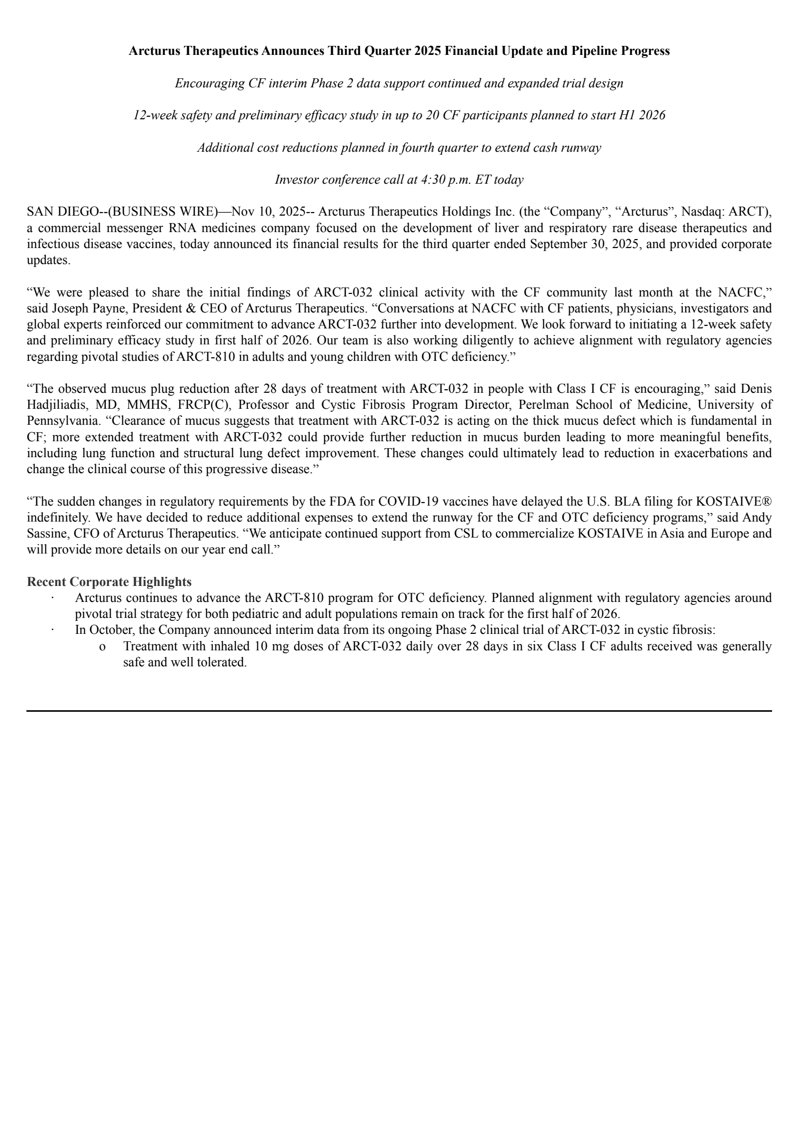Arcturus Therapeutics' Q3 2025 Earnings Release