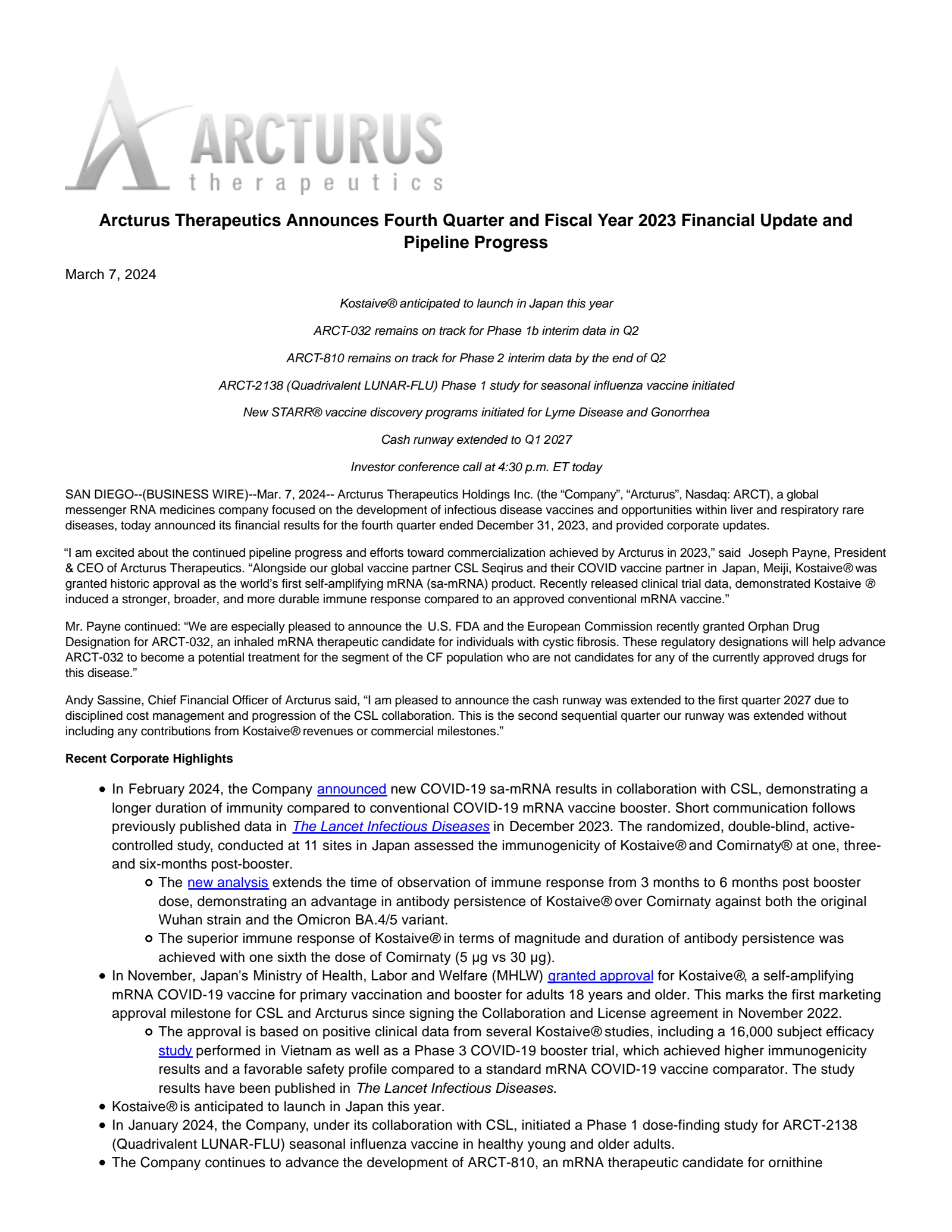 Arcturus Therapeutics' Q4 2023 Press Release