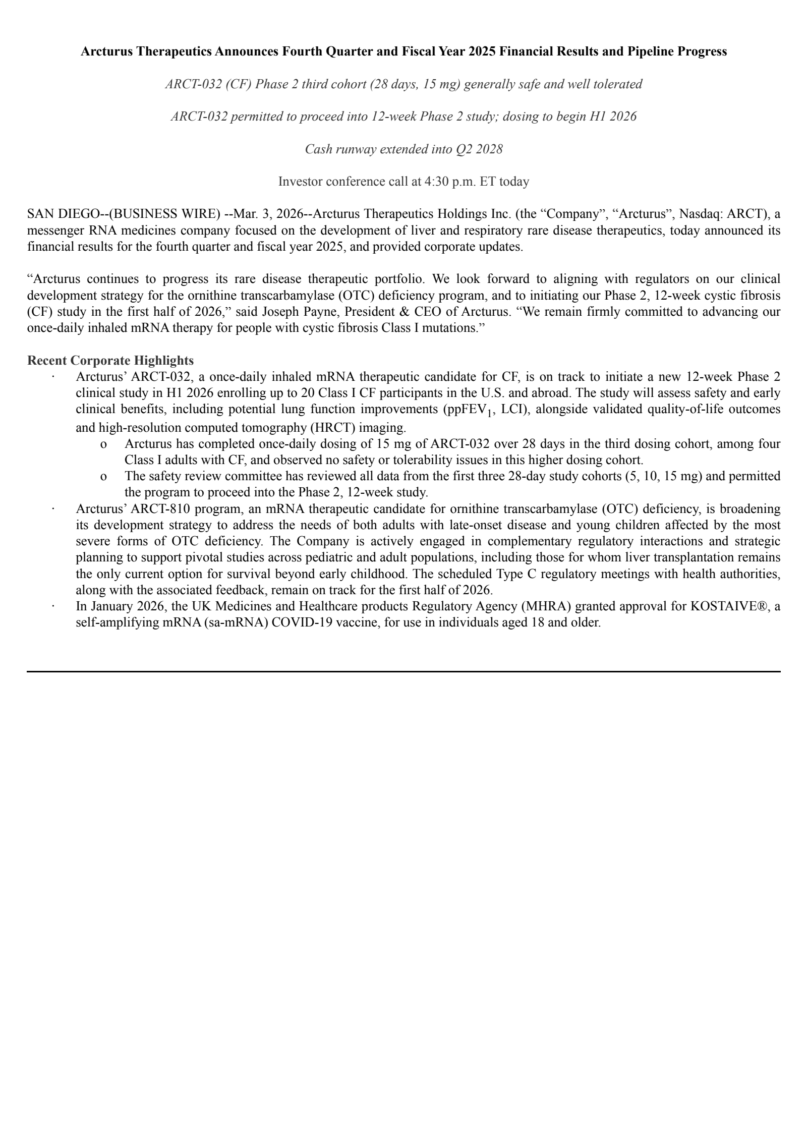 Arcturus Therapeutics' Q4 2025 Press Release