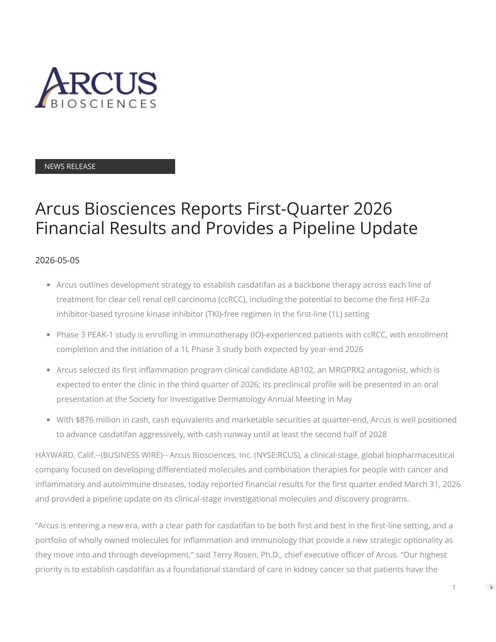 Arcus Biosciences' Q1 2026 Press Release