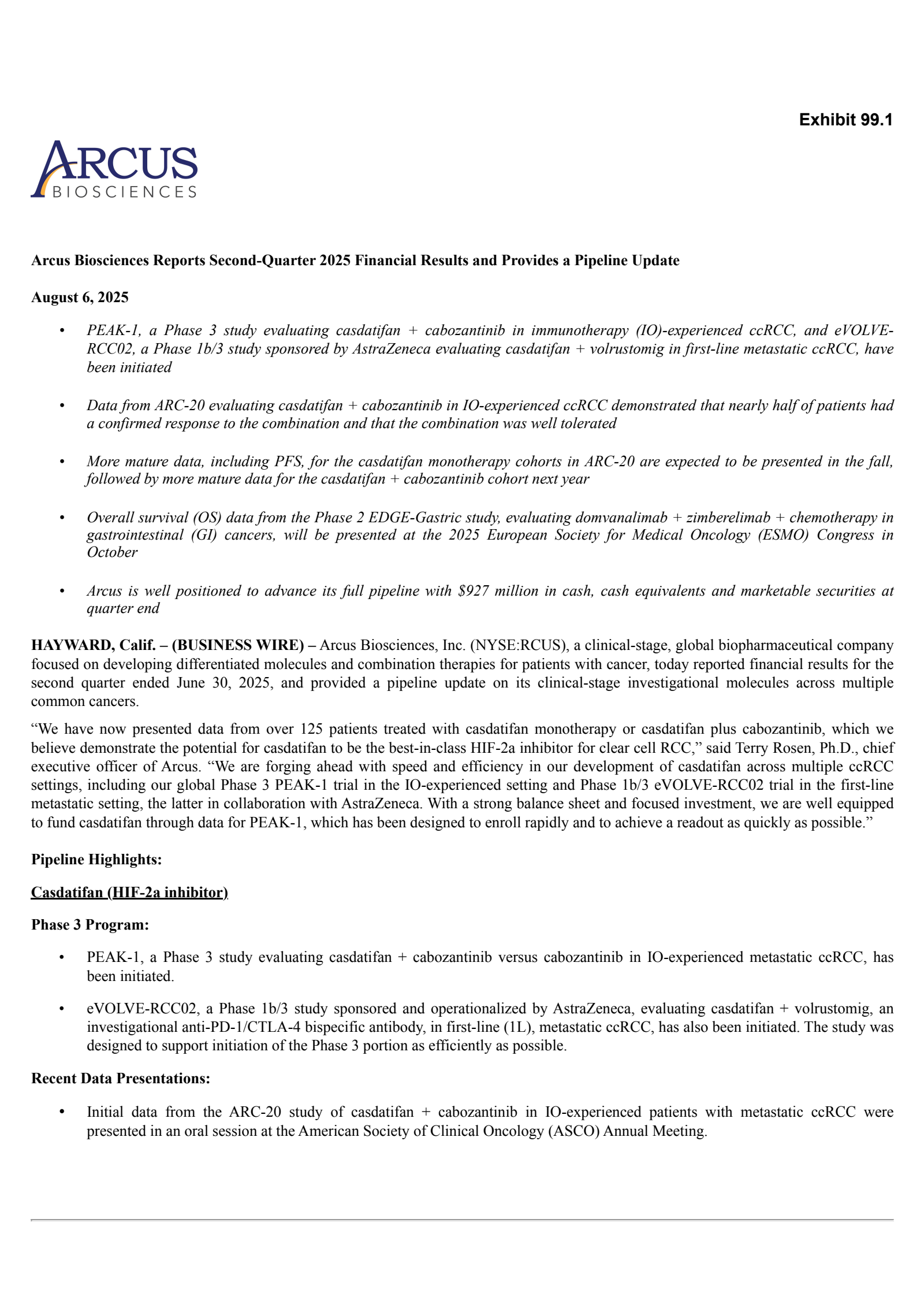 Arcus Biosciences' Q2 2025 Press Release